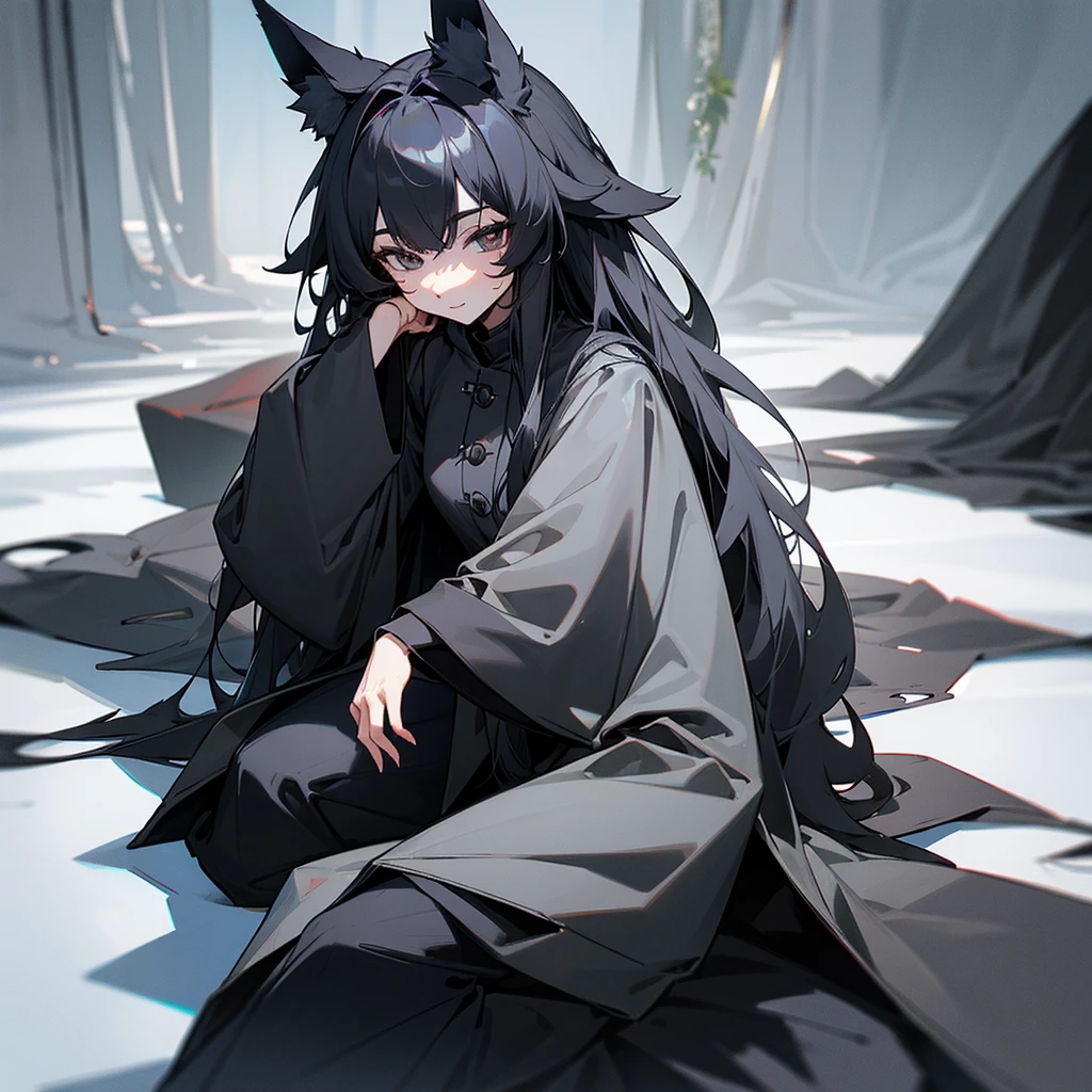 1 humanoid wolf long coat dark eyes sitting black snout shiny hair gray fur