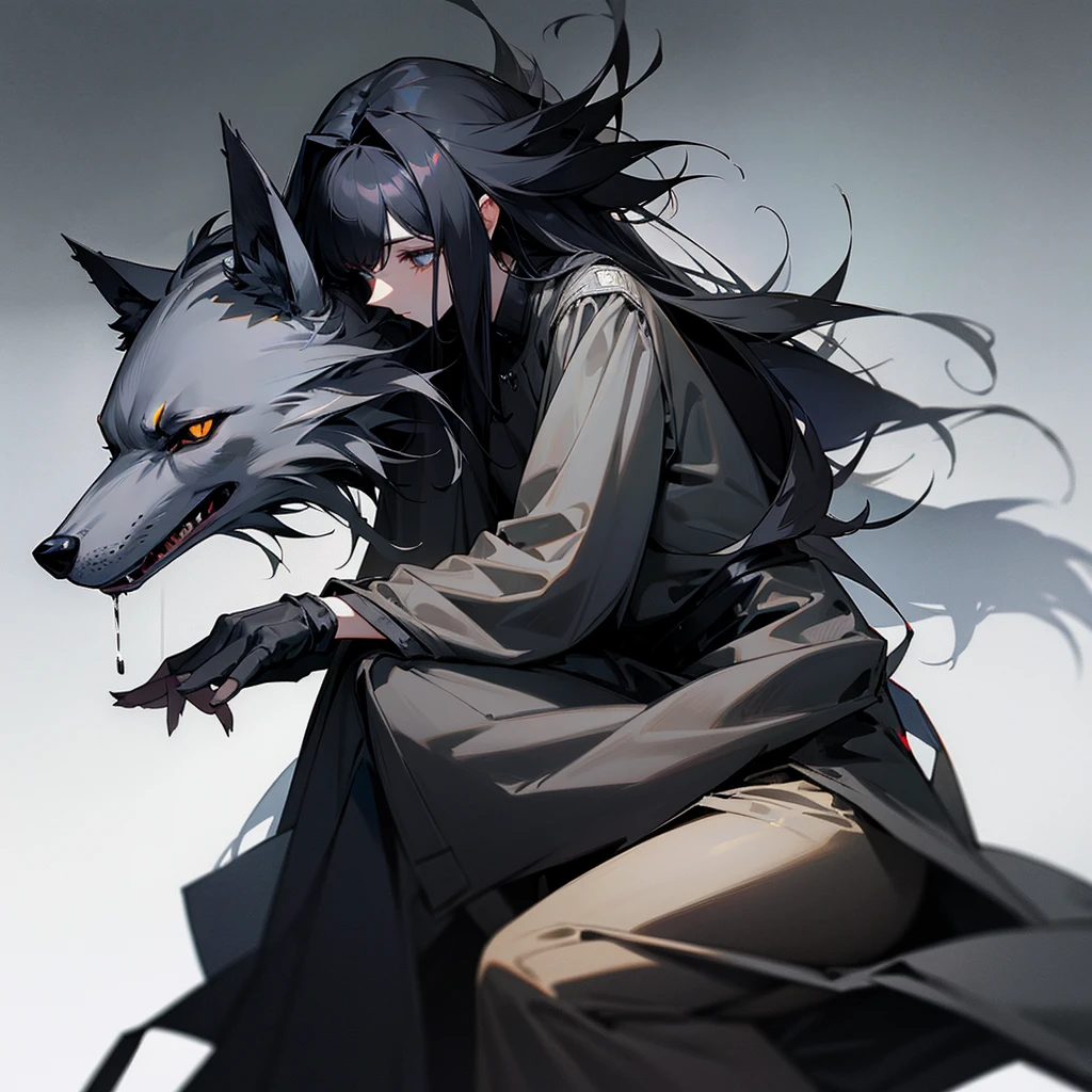 1 humanoid wolf long coat dark eyes sitting black snout shiny hair gray fur