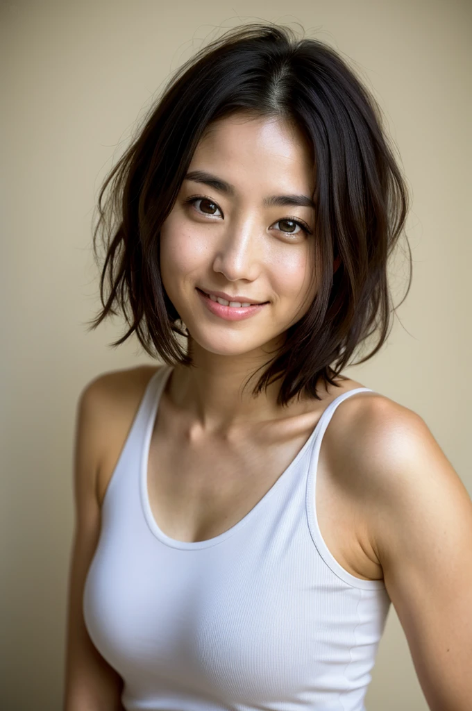 You are a professional photographer。future、Beautiful Eyes、 ((Highest quality)), Clear contours, Woman with beautiful face, (((One Girl,alone))), ((Beautiful Eyes)), Sex Appeal,Albedo and Specular Maps、Accurate simulation of lightweight material interactionr.々A woman who takes a pose, Thin tank top, , Kazami Yuuka, Complex Tank Top Light Smile、perfect body、Travel abroad