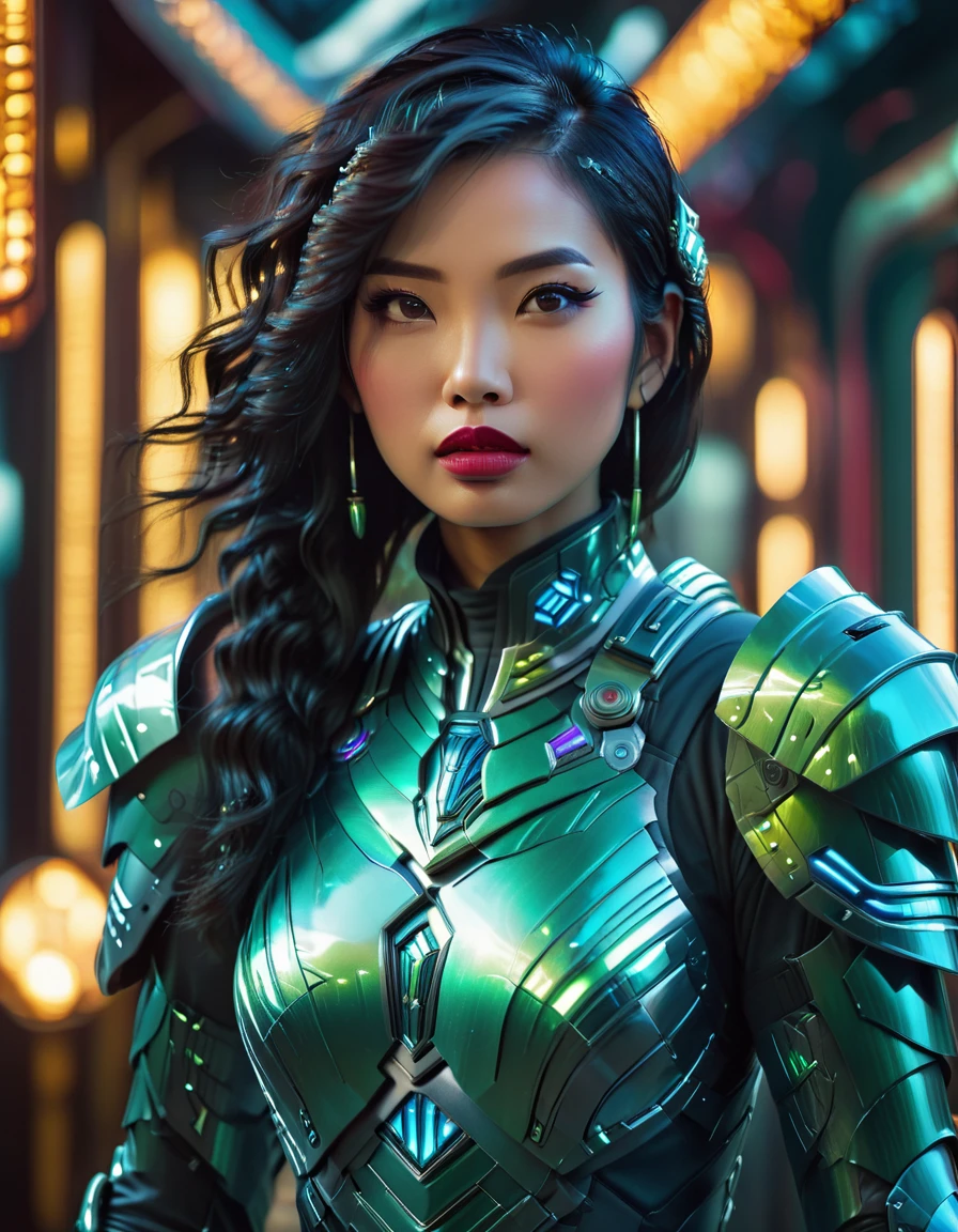 stunning beautiful asian woman, sci-fi futuristic art deco armor, intricate detailed armor, hyper detailed face, piercing eyes, lush lips, glowing skin, dynamic pose, dramatic lighting, moody atmosphere, cinematic composition, vibrant colors, photorealistic, 8k, award winning digital art