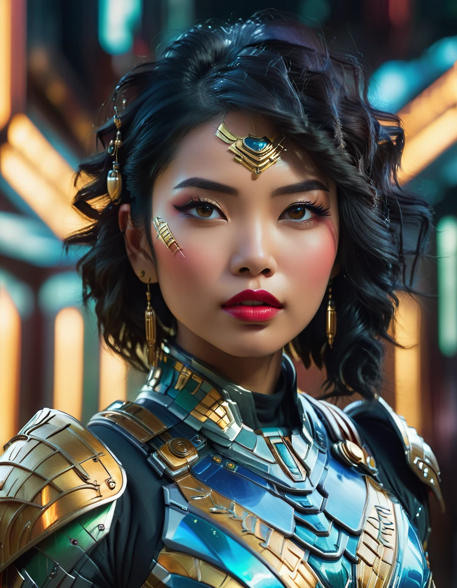 stunning beautiful asian woman, sci-fi futuristic art deco armor, intricate detailed armor, hyper detailed face, piercing eyes, lush lips, glowing skin, dynamic pose, dramatic lighting, moody atmosphere, cinematic composition, vibrant colors, photorealistic, 8k, award winning digital art