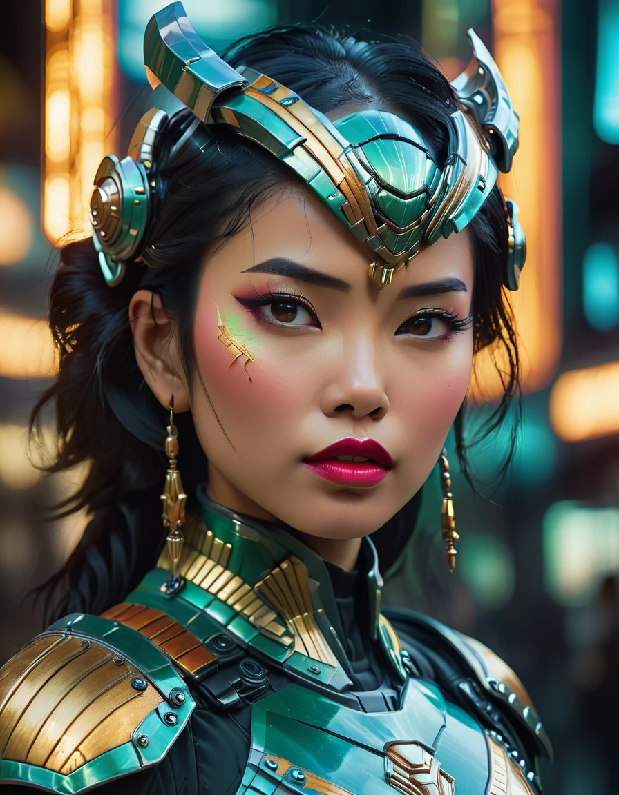 stunning beautiful asian woman, sci-fi futuristic art deco armor, intricate detailed armor, hyper detailed face, piercing eyes, lush lips, glowing skin, dynamic pose, dramatic lighting, moody atmosphere, cinematic composition, vibrant colors, photorealistic, 8k, award winning digital art