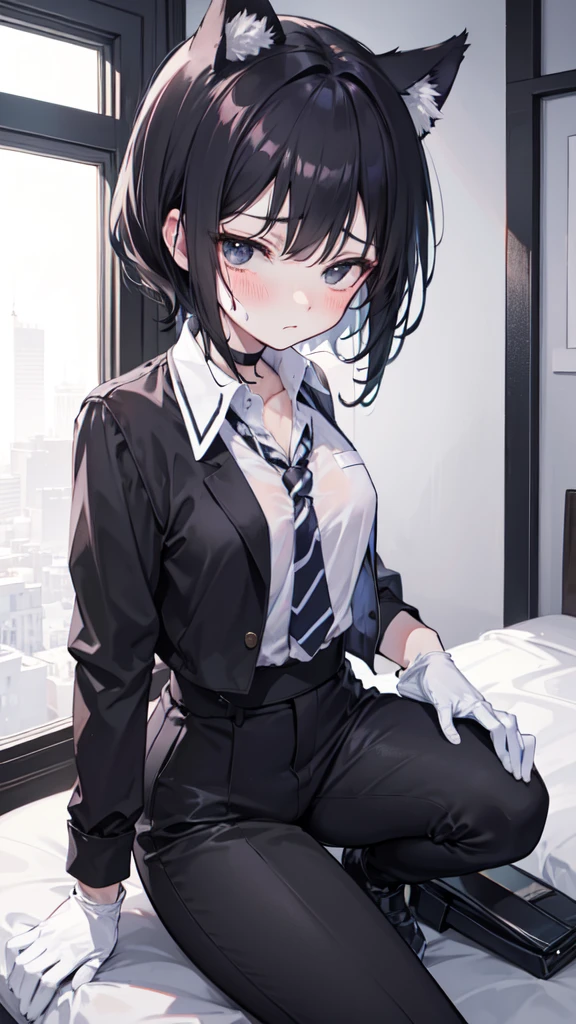 18-year-old Shota，cute，Wear a white long-sleeved shirt and a black work tie，Wear black pants，Wear black booties，Wear white gloves，wear cat ear，Wearing a collar，Black hair，Black eyes，Very thin waist，Very thin legs，Handsome，Disdainful and cold expression，shy，blush，scared，Sweating，porn，Is giving sexual assault，Glove removal action，Kneel down