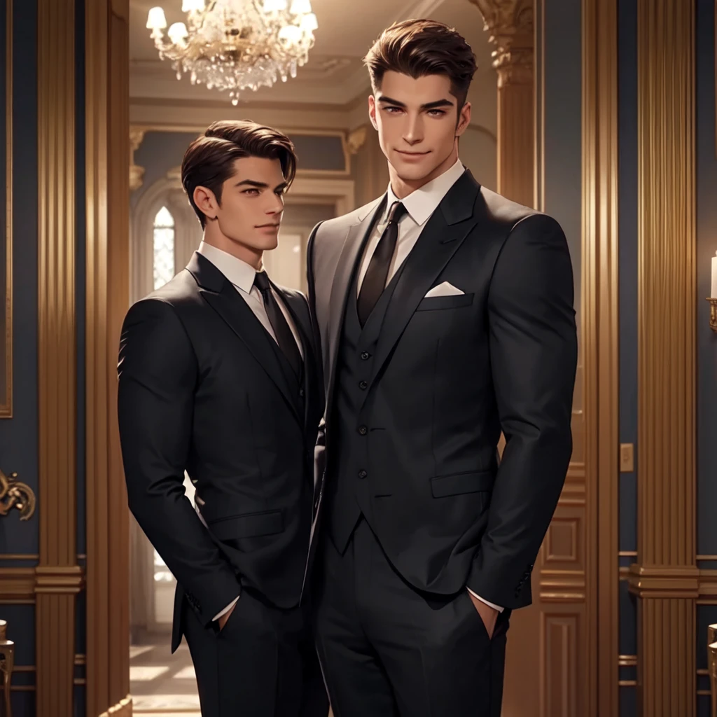 a handsome smiling man, detailed facial features, piercing eyes, sharp jawline, muscular physique, wearing a tailored suit, confident and charming expression, standing in an elegant interior setting, natural lighting, intricate background details, photorealistic, cinematic lighting, vivid colors, high quality, octane render