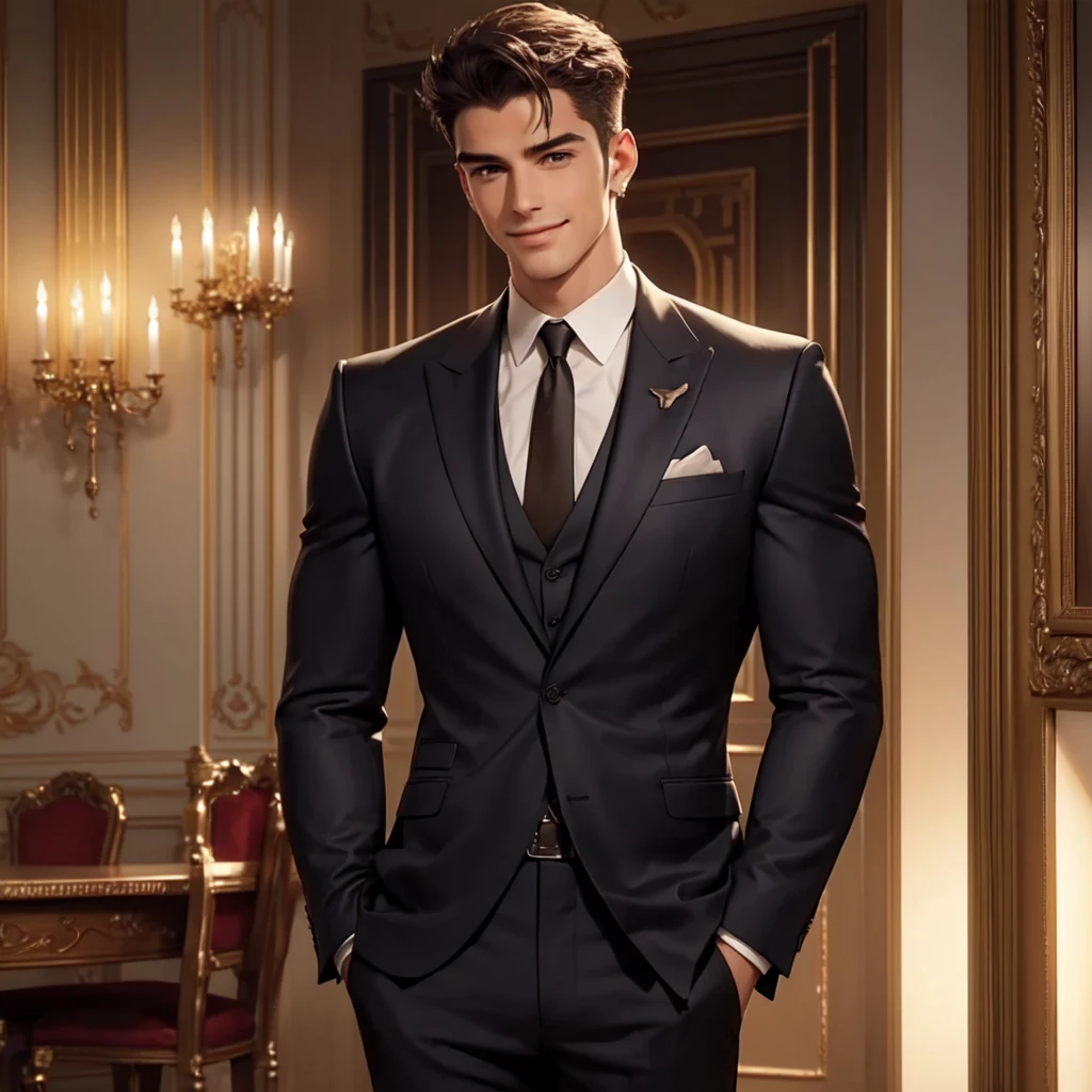 a handsome smiling man, detailed facial features, piercing eyes, sharp jawline, muscular physique, wearing a tailored suit, confident and charming expression, standing in an elegant interior setting, natural lighting, intricate background details, photorealistic, cinematic lighting, vivid colors, high quality, octane render