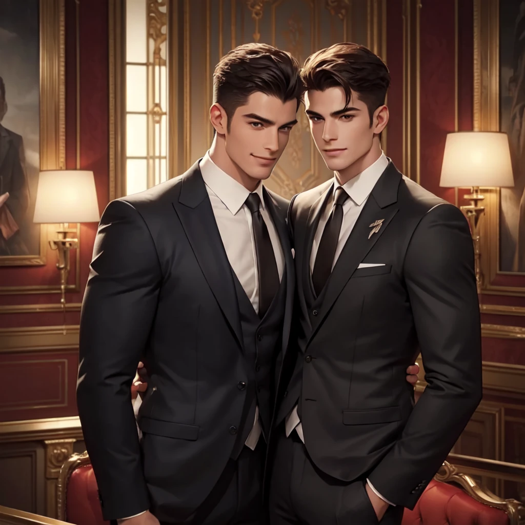 a handsome smiling man, detailed facial features, piercing eyes, sharp jawline, muscular physique, wearing a tailored suit, confident and charming expression, standing in an elegant interior setting, natural lighting, intricate background details, photorealistic, cinematic lighting, vivid colors, high quality, octane render