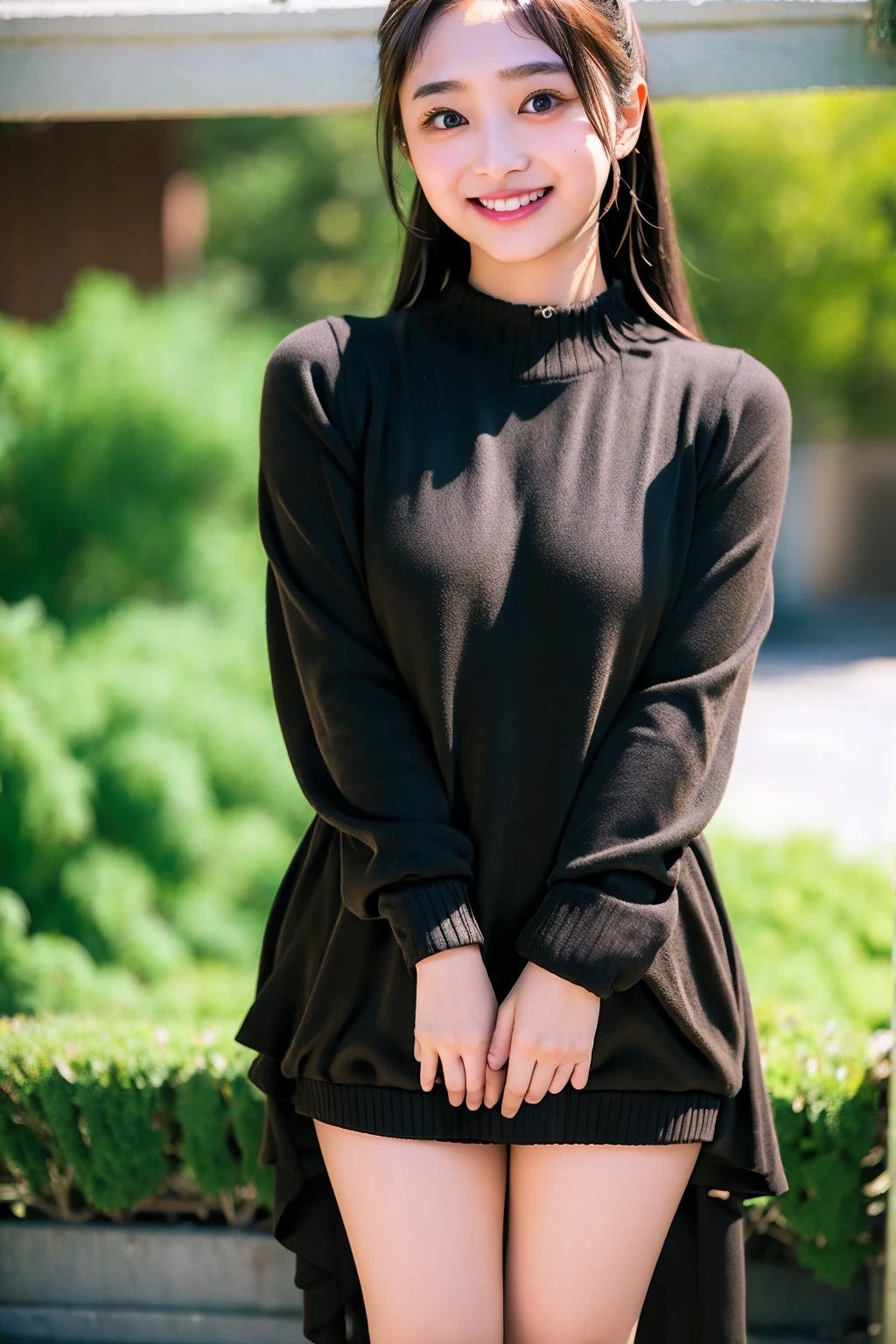 Ultra-high resolution,big eyes,((brown eyes)),Japanese,(a girl),(1 girl),(()),(cute),pretty,((facing at viewer)),arms behind back,grin,(((black clothes)))