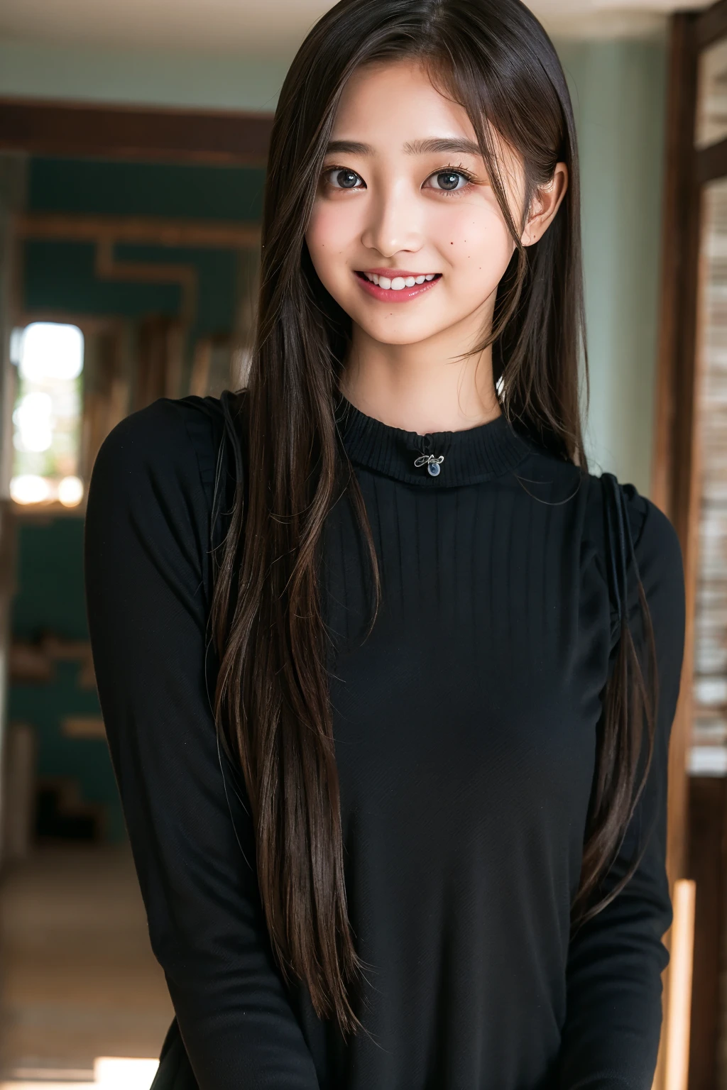 Ultra-high resolution,big eyes,((brown eyes)),Japanese,(a girl),(1 girl),(()),(cute),pretty,((facing at viewer)),arms behind back,grin,(((black clothes)))