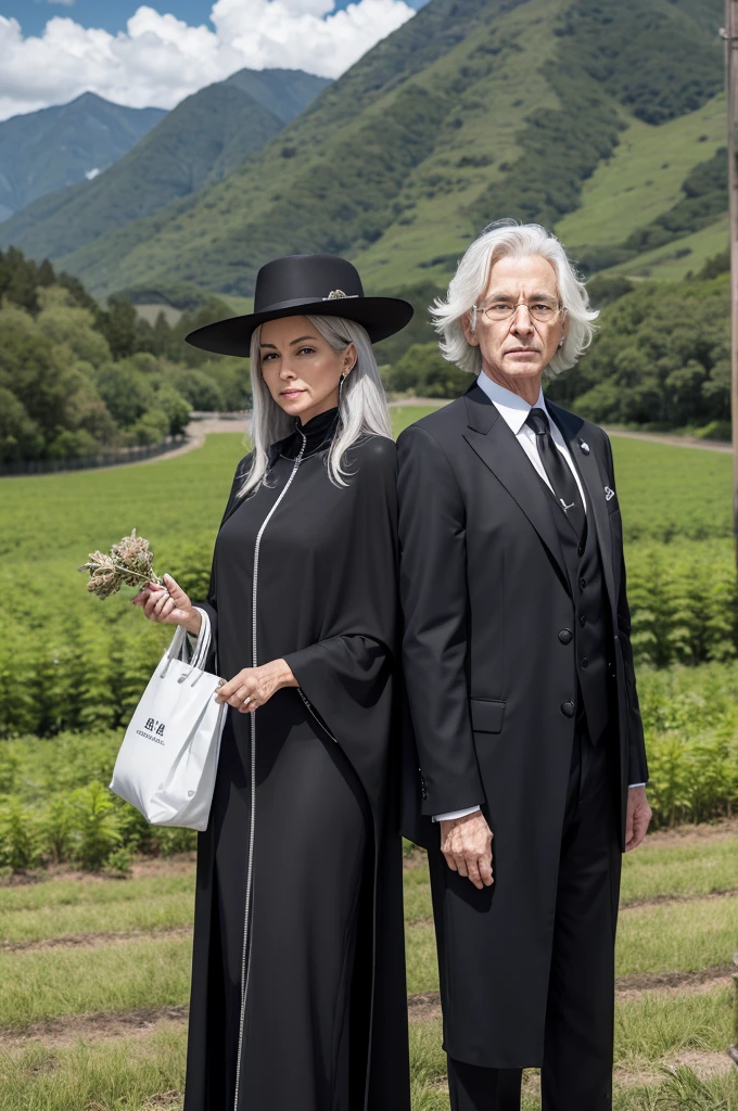 One white judge 60 year woman, with gray middle range hair, wearing a woman all black suit, with black cape. Holding two transparent bags, one in each hand with cannabis buds. In the background a cannabis plantation.