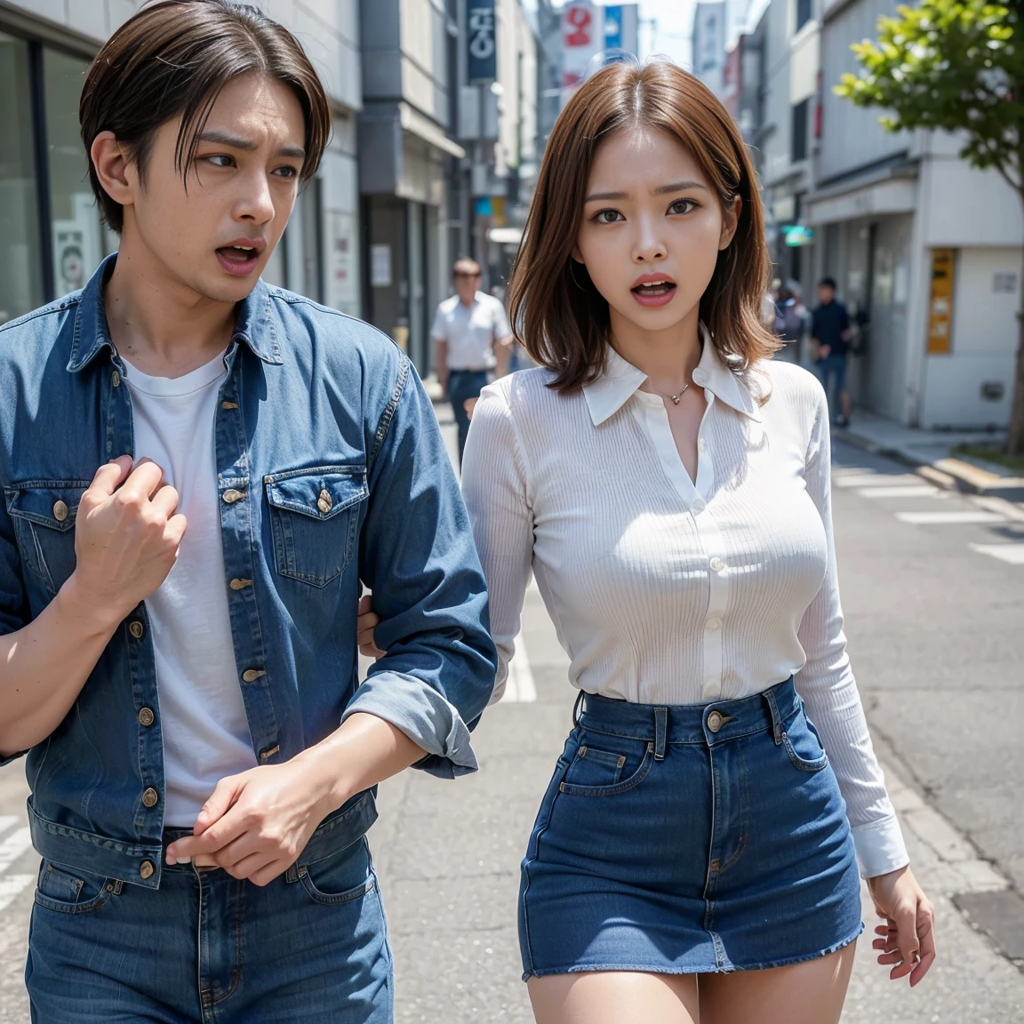 (high quality), (Realistic photos)、1 male、1 female、No audience、((Young Japanese couple arguing face to face:1.4))、((Angry Japanese woman and a Japanese man trying to talk to her:1.4)) 、((whiteい半袖ＴWoman in a shirt:1.4))、((whiteＴMan in a shirt:1.4))、((On a deserted street:1.4))、Daytime、((A woman glares at a man:1.7))、((A woman wearing a denim skirt that accentuates her thighs:1.4))、((whiteい半袖ＴWoman in a shirt:1.4))、((woman with scary expression:1.4))、