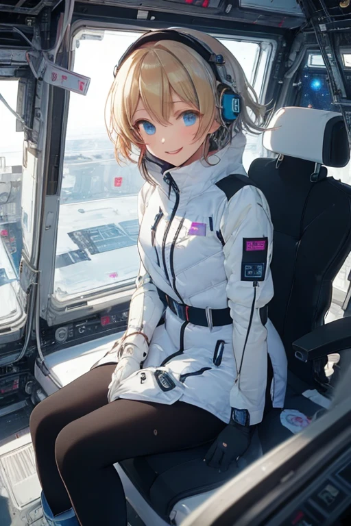 masterpiece, highest quality, high resolution, breasts, 20yo,1 girl,(solo):2,,blonde hair,(inside space station):2,flying:2,floatong:2,zero gravity,wind:1.5,anime lovelive style,

BREAK
headphone,(futurstic tight-fit bodysuit):2,(shiny silver long downvest):100,(northface silver metallic puffy downvest):2,(puffy):2,(black sleeves):5,(black tights):2,(black belt),futuristic boots and gloves,(smartwatch):100,astrovest
BREAK
1 girls, sitting in spacecraft cabin with 4-point seat belt, securely fastened, space station interior, looking out of large windows at Earth below, beautiful eyes, she have aluminum foil pouch,(aluminum foil pouch with plastic viewing window):2, contains nutritious liquid or puree together, smiling and chatting, bright and cheerful expressions, high quality cinematic lighting, detailed textures, sharp focus,blue hair,blue eyes,
