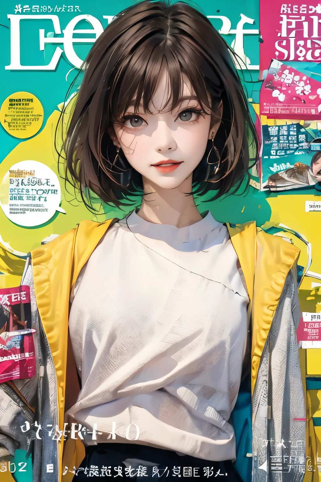 masterpiece, best quality, spring clothing, Perfect face, bob cut,Bangs, Colorful neon hair, outdoor, magazine cover ,Upper Body,