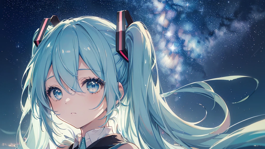 ((Starry Sky)), ((Beautiful eyes)), (((Hatsune Miku))), (((Highest quality、masterpiece、Ultra-fine、Ultra-fine、Exquisite、16K、Full HD,high school girl,))) 、(((profile、Looking up))),Long eyelashes、White skin、(thin and long)、 ((cute)) ((One person)) 、night