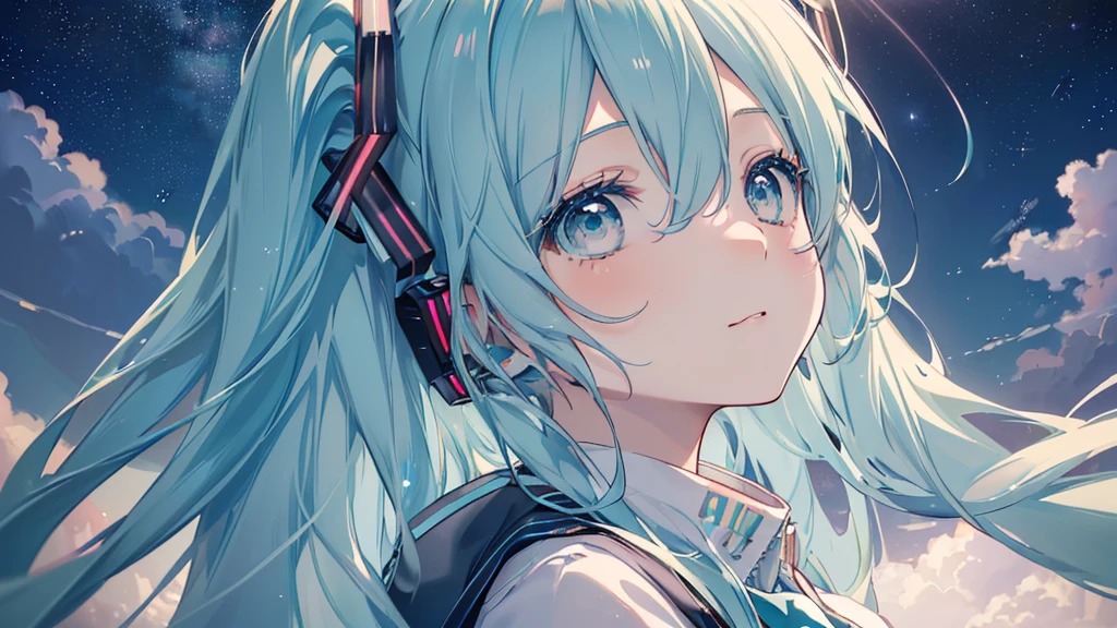 ((Starry Sky)), ((Beautiful eyes)), (((Hatsune Miku))), (((Highest quality、masterpiece、Ultra-fine、Ultra-fine、Exquisite、16K、Full HD,high school girl,))) 、(((profile、Looking up))),Long eyelashes、White skin、(thin and long)、 ((cute)) ((One person)) 、night