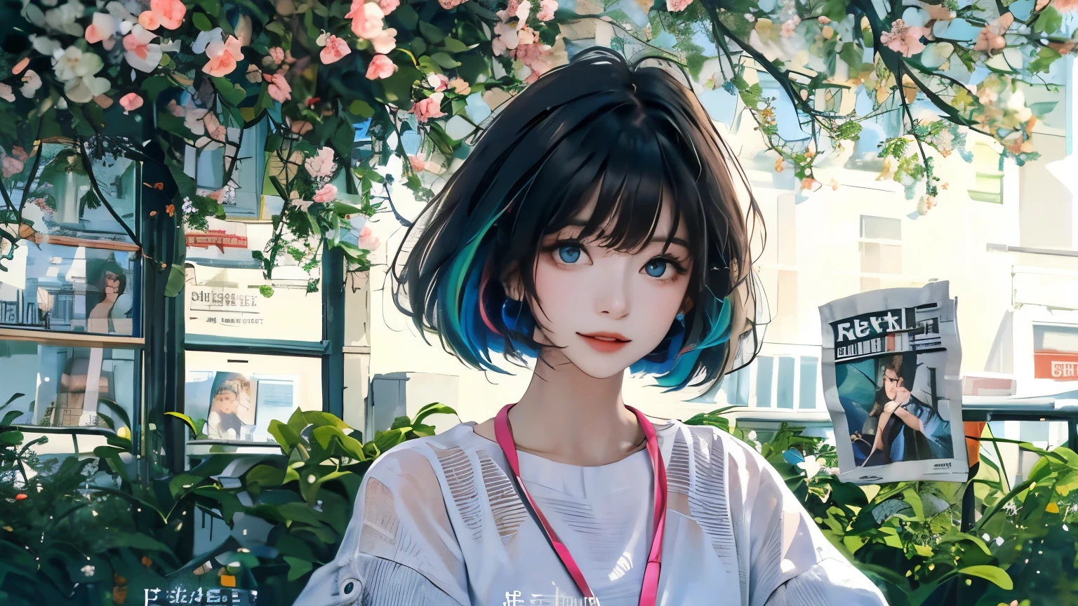 masterpiece, best quality, spring clothing, Perfect face, bob cut,Bangs, Colorful neon hair, outdoor, magazine cover ,Upper Body,