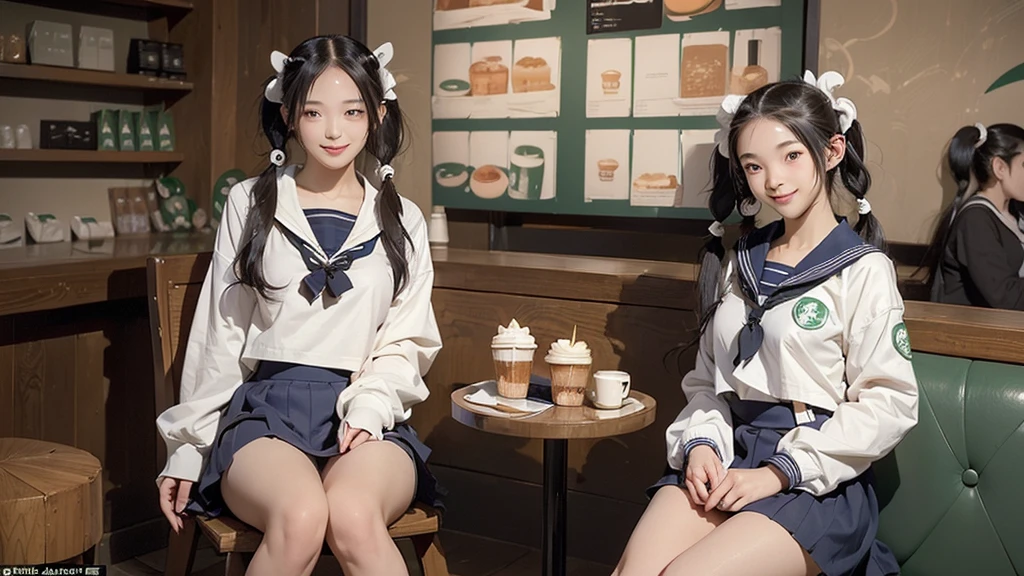 (masterpiece:1.2, Highest quality), (Realistic, photoRealistic:1.4), Beautiful illustrations,
View your viewers, avert your eyes, whole body,
1 Girl, Japanese, high school girl, (Long Hair:1.4), bLong Hair, (Twin tails:1.7), Large :0.8, White skin、Beautiful Hair, Beautiful Face, Beautiful attention to detail, Beautiful clavicle, Beautiful body, Beautiful breastsiful thighs, Beautiful feet,
(Beautiful views), , classroom, machine, Chair,
((cute , Long sleeve, Pleated skirt, Sailor collar, scarf)), White panties, shoesing, Chairに座る,
(魅惑的なsmile, Embarrassing, Trembling),
(((((Inside the Starbucks store、16 year old girl in s))))、((((Eat cake、Drink coffee、smile))))、Heart Necklace(((Emphasize cleavage)))
(whole body写真)