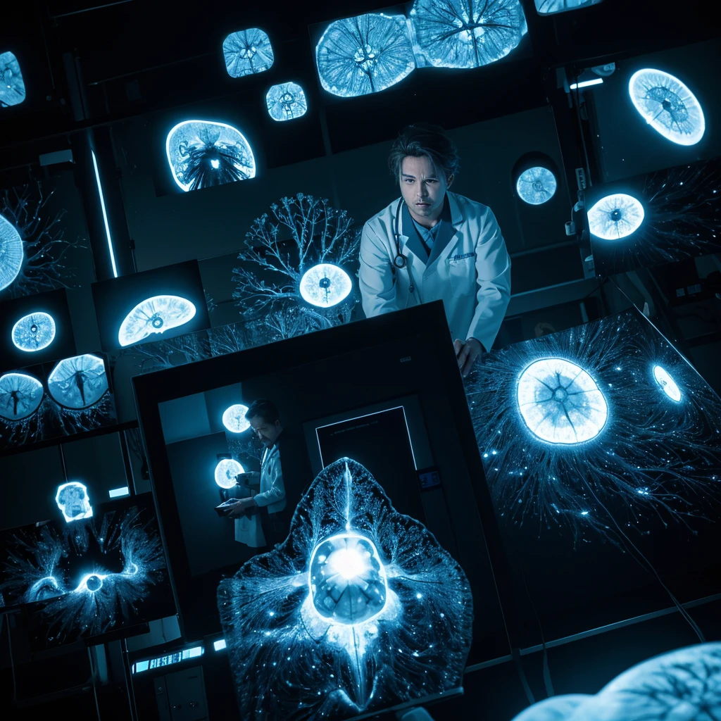 Radiologist at work surrounded by multiple trauma patients with an aura of ionizing radiation