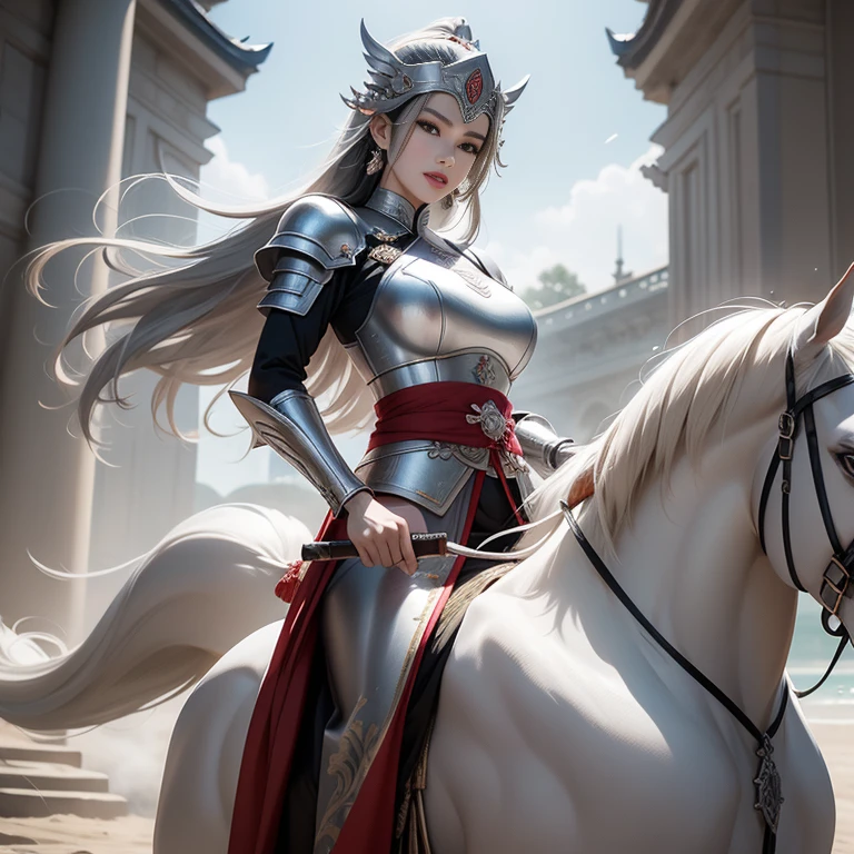 （（Beautiful general in silver armor，Xiao Li Guanghuarong，General of the Divine Arm，heroic）），Exquisite facial features，Three-dimensional facial features，Perfect face，（（Carrying a silver gun，Holding a delicate hard bow，射遍天下Invincibility手，Born with a pair of handsome eyes，White teeth and red lips，Big breasts and thin waist，100 steps through Yang，Strong arms，Finely Forged Silver Helmet，Fine Silver Armor，Good at riding fierce horses，The whole body is protected by silver armor）），Majestic，Invincibility，Top Photography Masters Award-Winning Works，Light particles surround，masterpiece，high resolution，Luxury，Gorgeous，Rich in details，There are a thousand kinds of courage that shouldn&#39;t be there，（（（Holding a fierce bow））)，Shining in the Eyes of God，Artwork quality，（（Full body close-up）），The fingers are clearly defined，Perfect hands，Tyndall effect，，The armor reflects a stunning metallic luster，Perfect hands，Glass Craft，Have a sense of layering，Clear facial features(((Full and soft breasts,)))(((Huge breasts))) (((Cleavage))) 