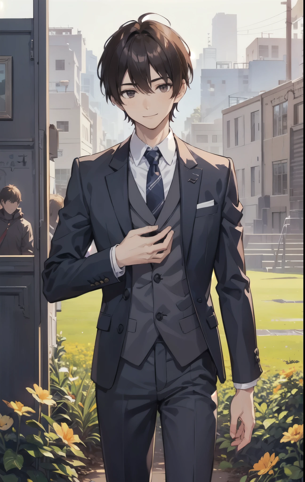 (Azyoung:1.3), (One boy:1.3), (Male Focus:1.3), (alone:1.1), alone focus,
masterpiece, ((Exquisite_detailed)), figure, (good looking), very_detaileded_CG, Cowboy Shot,
Brown Hair,
suit,
noon, Square, from the front, On the field,smile,