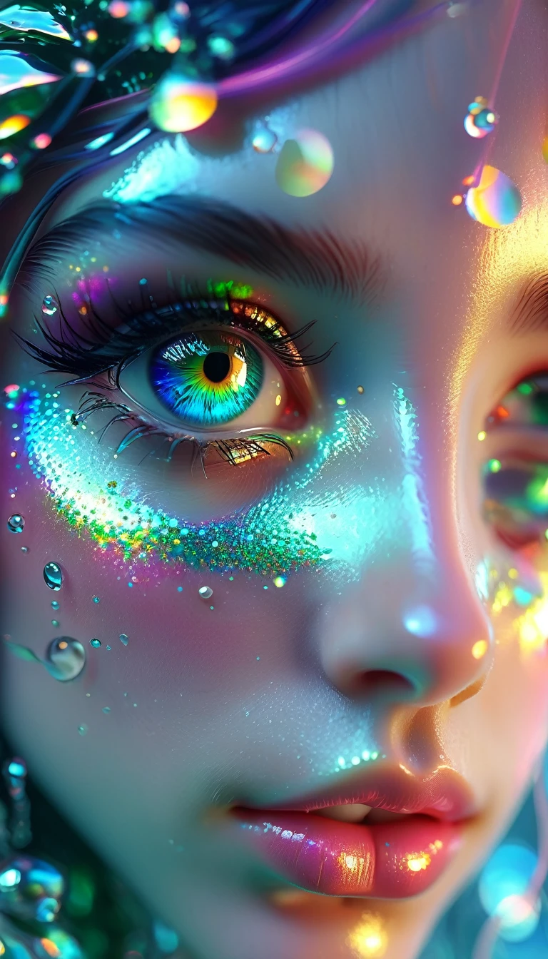 a beautiful elf girl's eye, close-up macro shot, underwater world, mirroring, hyperrealistic, colorful, cinematic lighting, realistic and hyper-detailed renderings, contoured shading, extreme iridescent reflection, overexposure, high brightness, shimmer pearly color