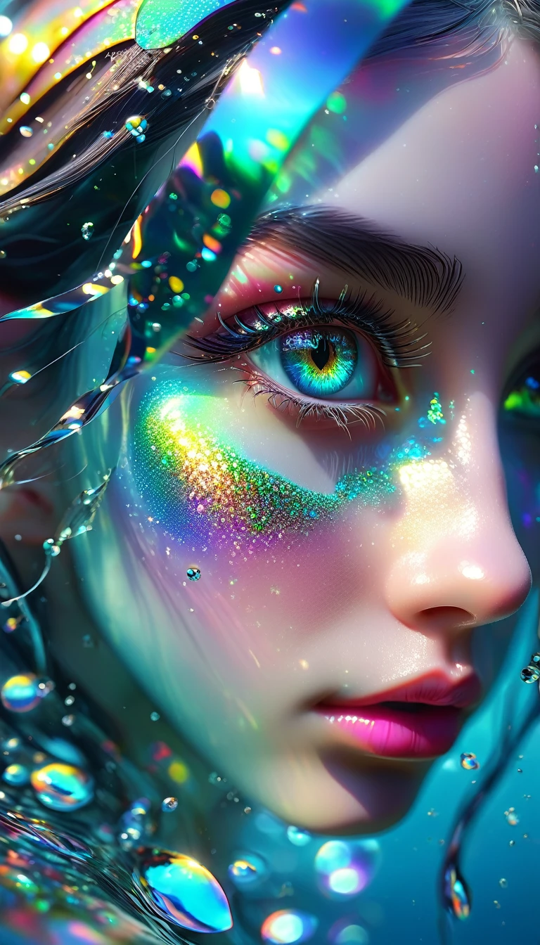 a beautiful elf girl's eye, close-up macro shot, underwater world, mirroring, hyperrealistic, colorful, cinematic lighting, realistic and hyper-detailed renderings, contoured shading, extreme iridescent reflection, overexposure, high brightness, shimmer pearly color