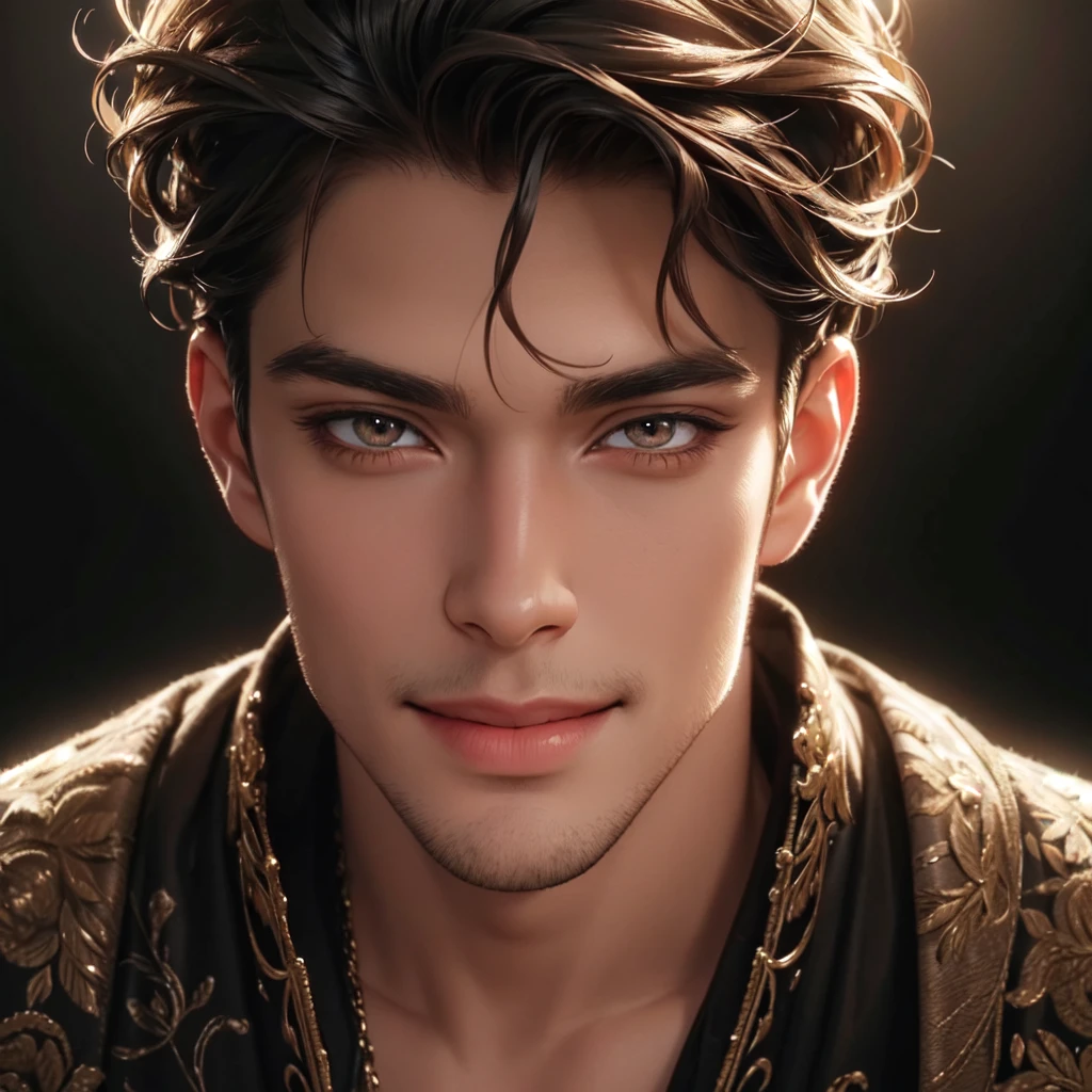 a handsome man, smiling warmly, beautiful detailed eyes, beautiful detailed lips, extremely detailed face, long eyelashes, perfect skin, warm smile, photorealistic, 8k, ultra-detailed, realistic, detailed clothing, studio lighting, dramatic lighting, cinematic, masculine, chiaroscuro, dramatic colors, vibrant colors, oil painting