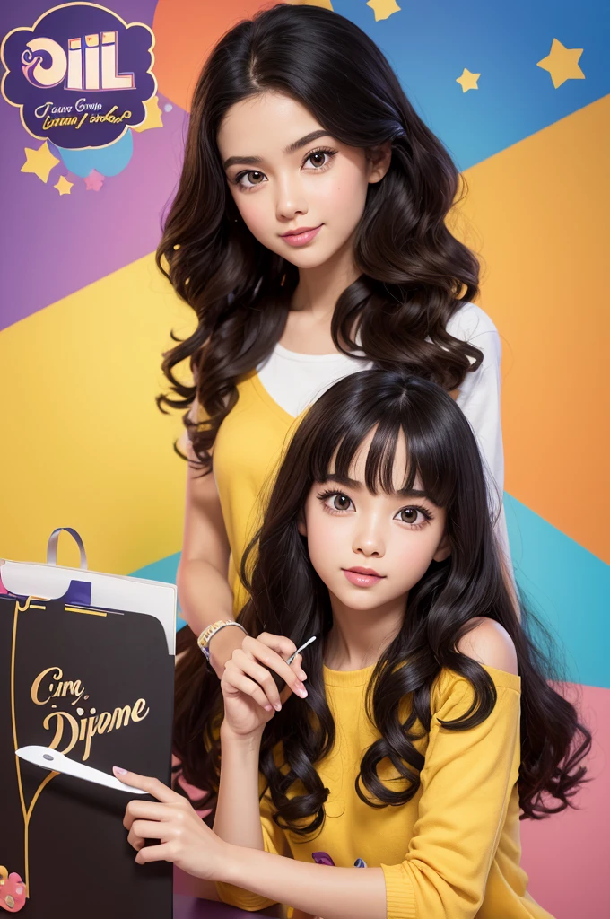 Disney pixar"with name Sofe personalized stationery". " an girl" "long black curly hair" "small brown eyes ""Brunetette ". "background with printer, personalized stationery items""the character holding scissors,"very bright colors background" " focus on expressions and logo"