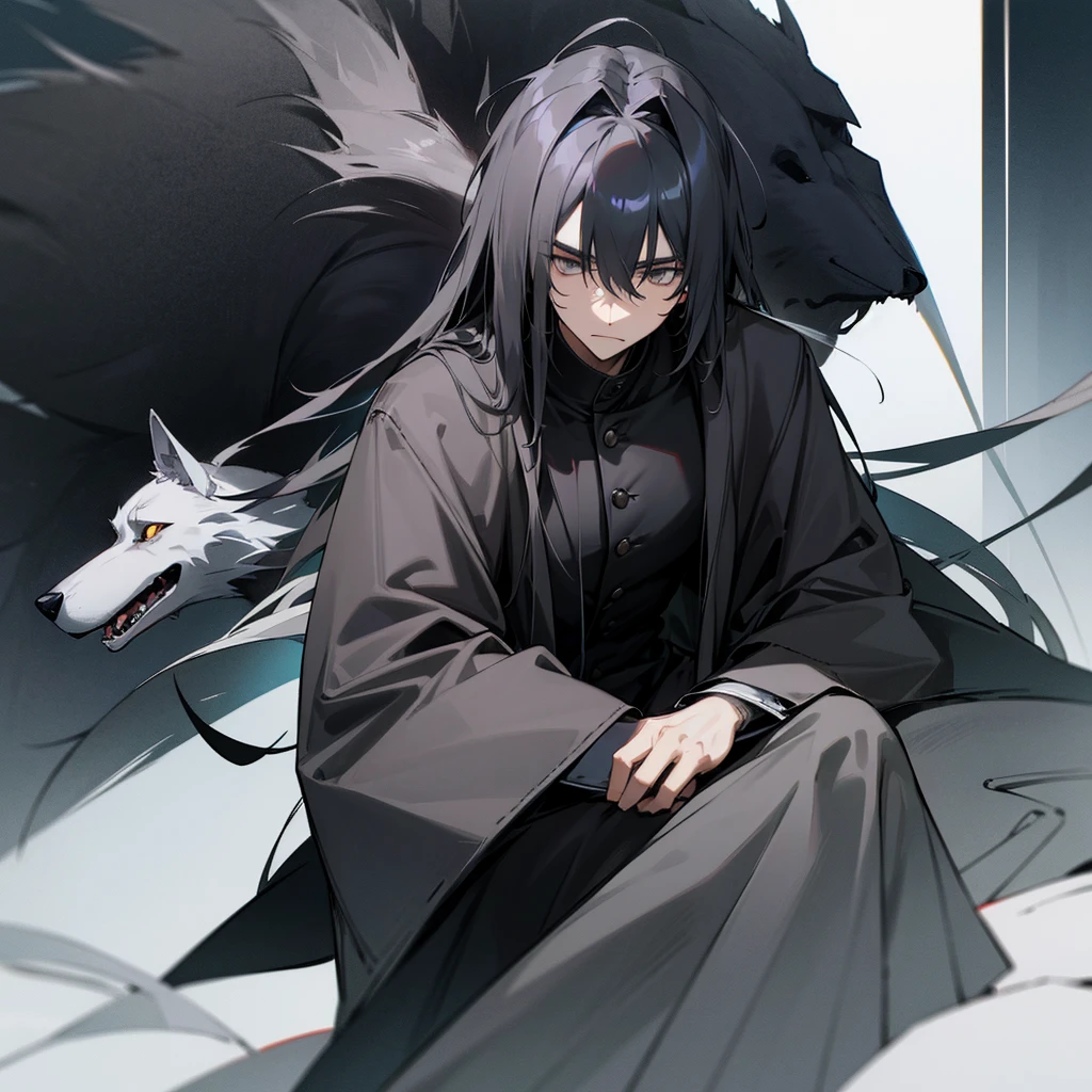 1 humanoid wolf man long coat dark eyes sitting black snout shiny hair gray fur male person