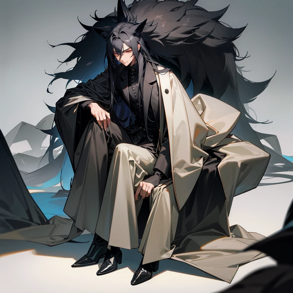 1 humanoid wolf man long coat dark eyes sitting black snout shiny hair gray fur male person