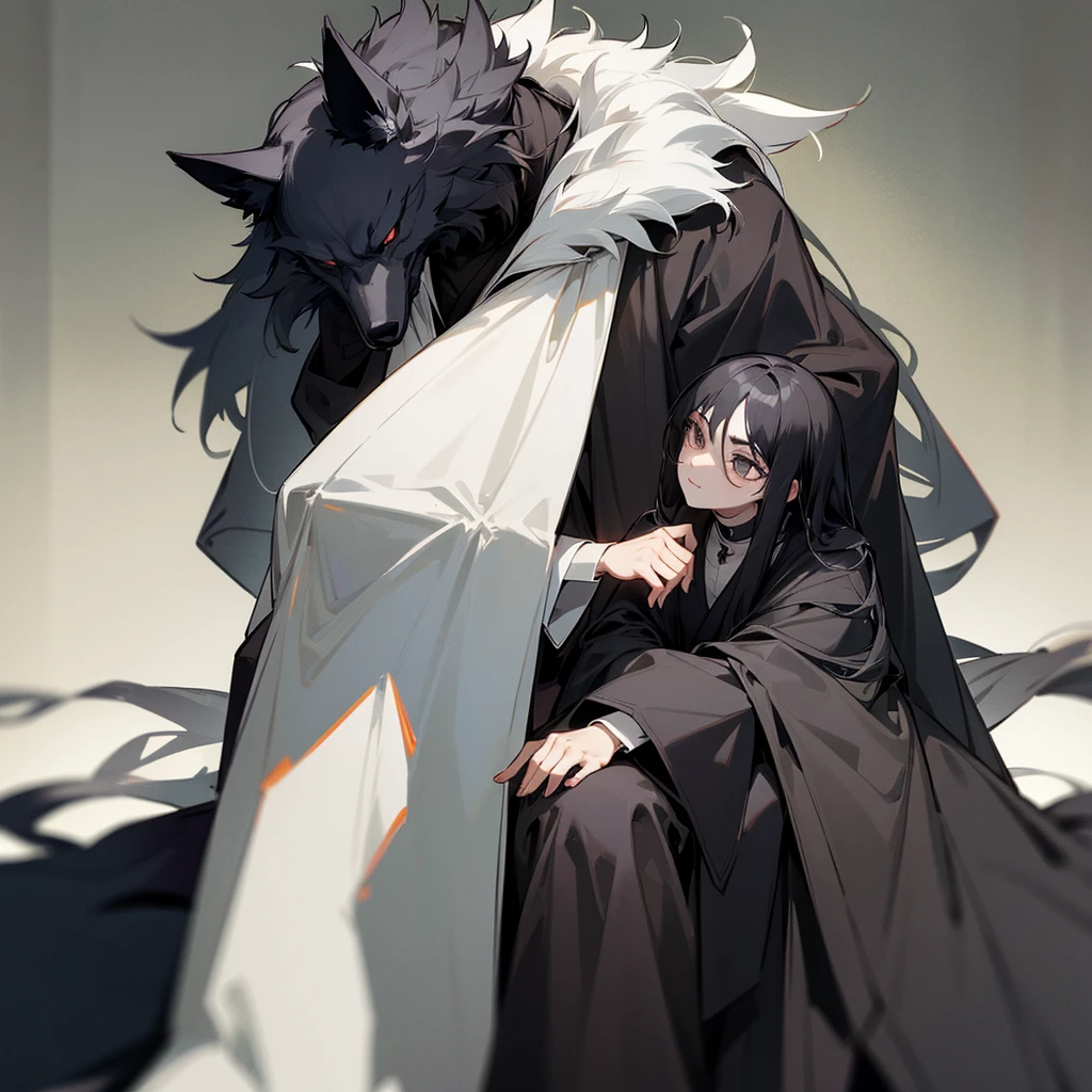 1 humanoid wolf man long coat dark eyes sitting black snout shiny hair gray fur male person