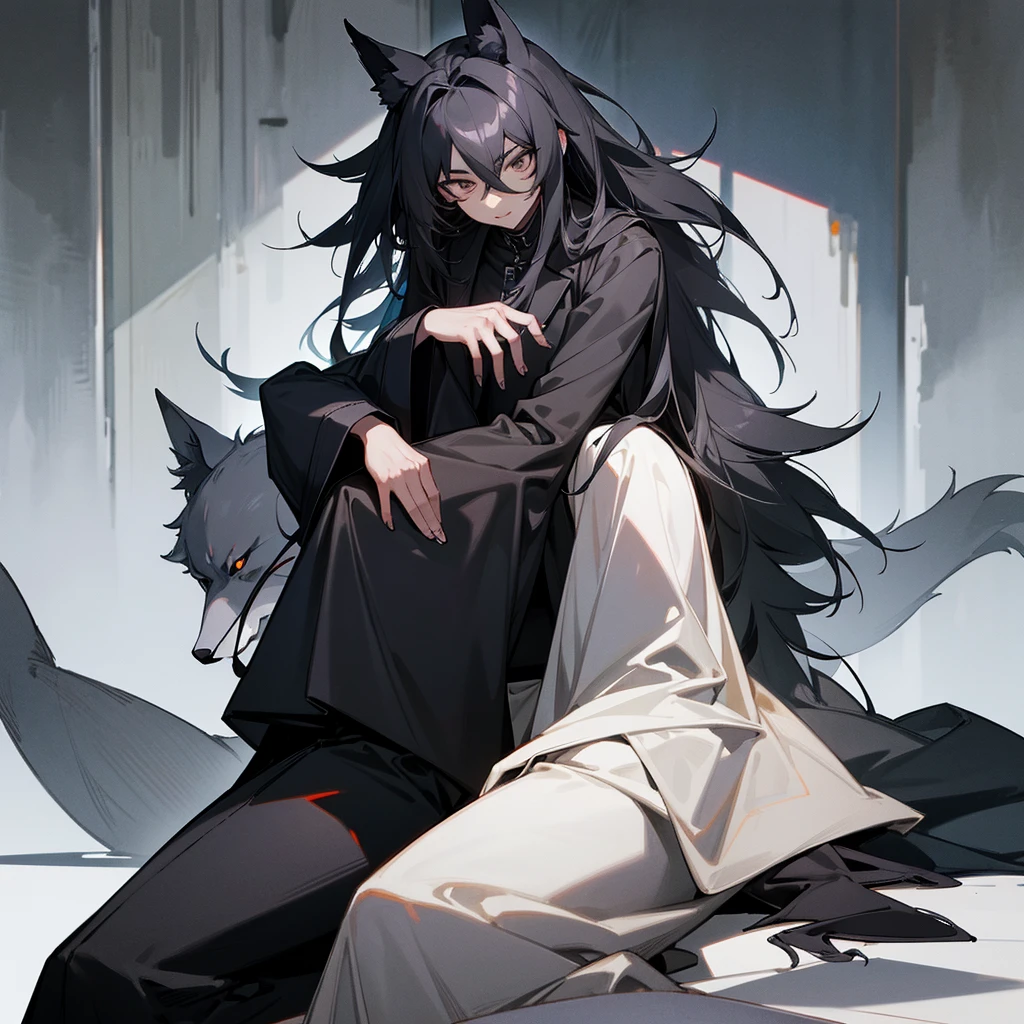 1 humanoid wolf man long coat dark eyes sitting black snout shiny hair gray fur male person