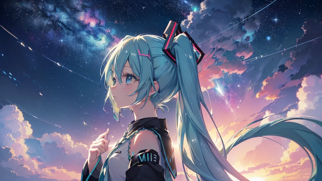 ((Space Galaxy Background)), ((Beautiful eyes)), (((Hatsune Miku))), (((Highest quality、masterpiece、Ultra-fine、Ultra-fine、Exquisite、16K、Full HD,high school girl,))) 、(((profile、Looking up))),Long eyelashes、White skin、(thin and long)、 ((cute)) ((One person)) 、night