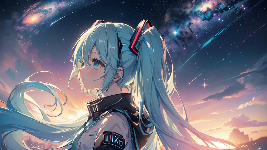 ((Space Galaxy Background)), ((Beautiful eyes)), (((Hatsune Miku))), (((Highest quality、masterpiece、Ultra-fine、Ultra-fine、Exquisite、16K、Full HD,high school girl,))) 、(((profile、Looking up))),Long eyelashes、White skin、(thin and long)、 ((cute)) ((One person)) 、night