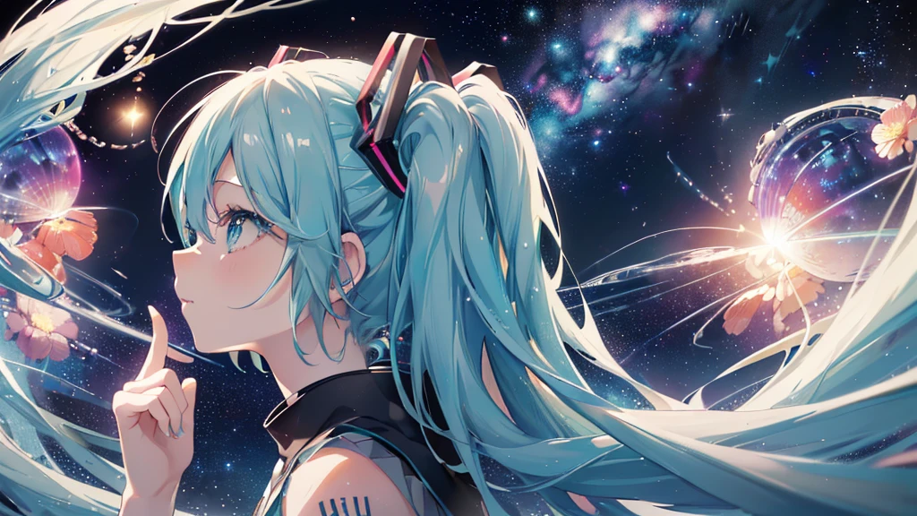 ((Space Galaxy Background)), ((Beautiful eyes)), (((Hatsune Miku))), (((Highest quality、masterpiece、Ultra-fine、Ultra-fine、Exquisite、16K、Full HD,high school girl,))) 、(((profile、Looking up))),Long eyelashes、White skin、(thin and long)、 ((cute)) ((One person)) 、night