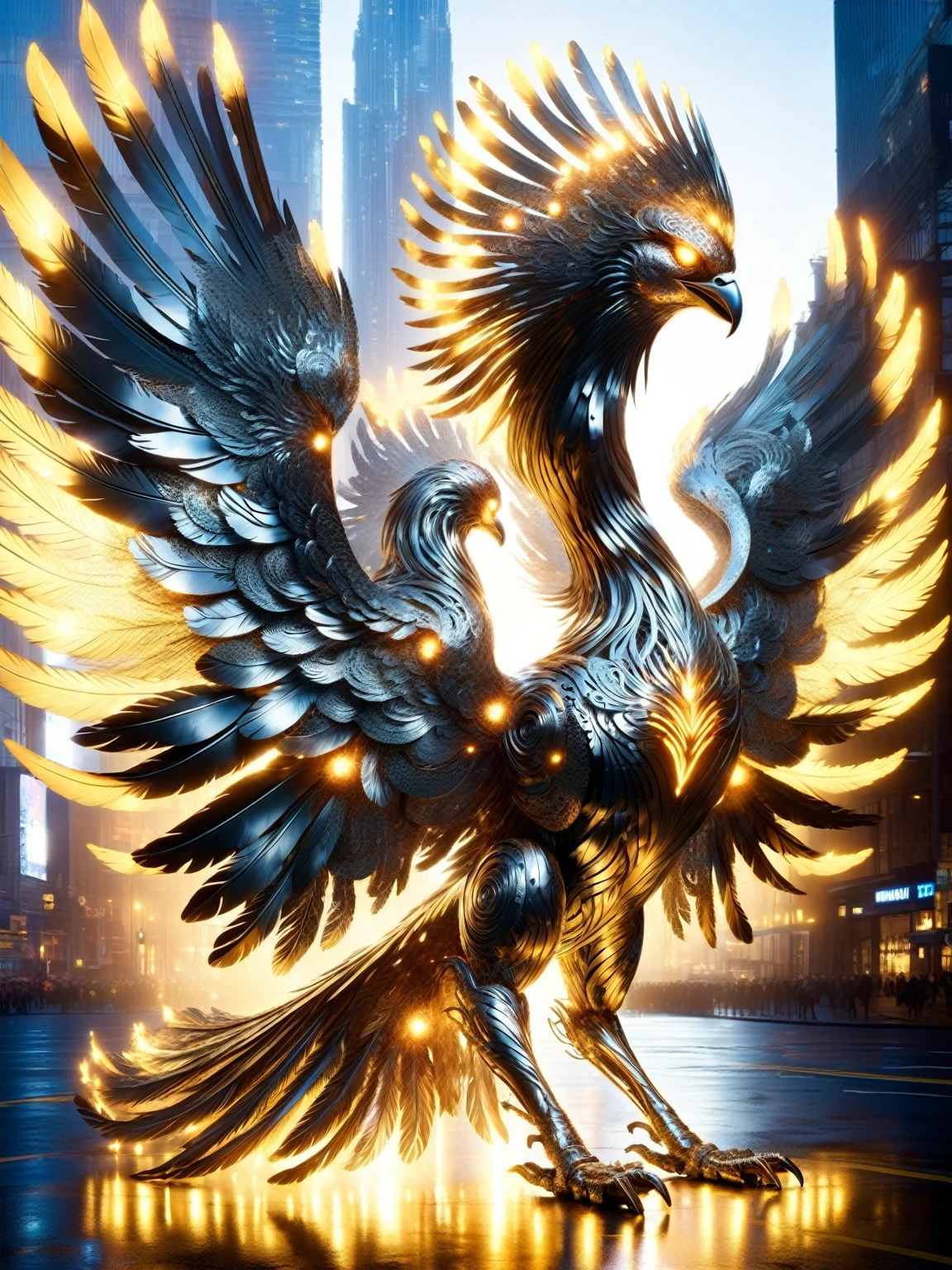 A majestic steel phoenix DonMSt33lM4g1cXL with a radiant magical glow, its feathers are an intricately beautiful set of shiny metal, which has just been reborn from the ashes on a festival stage where the dj was playing cyberpunk 