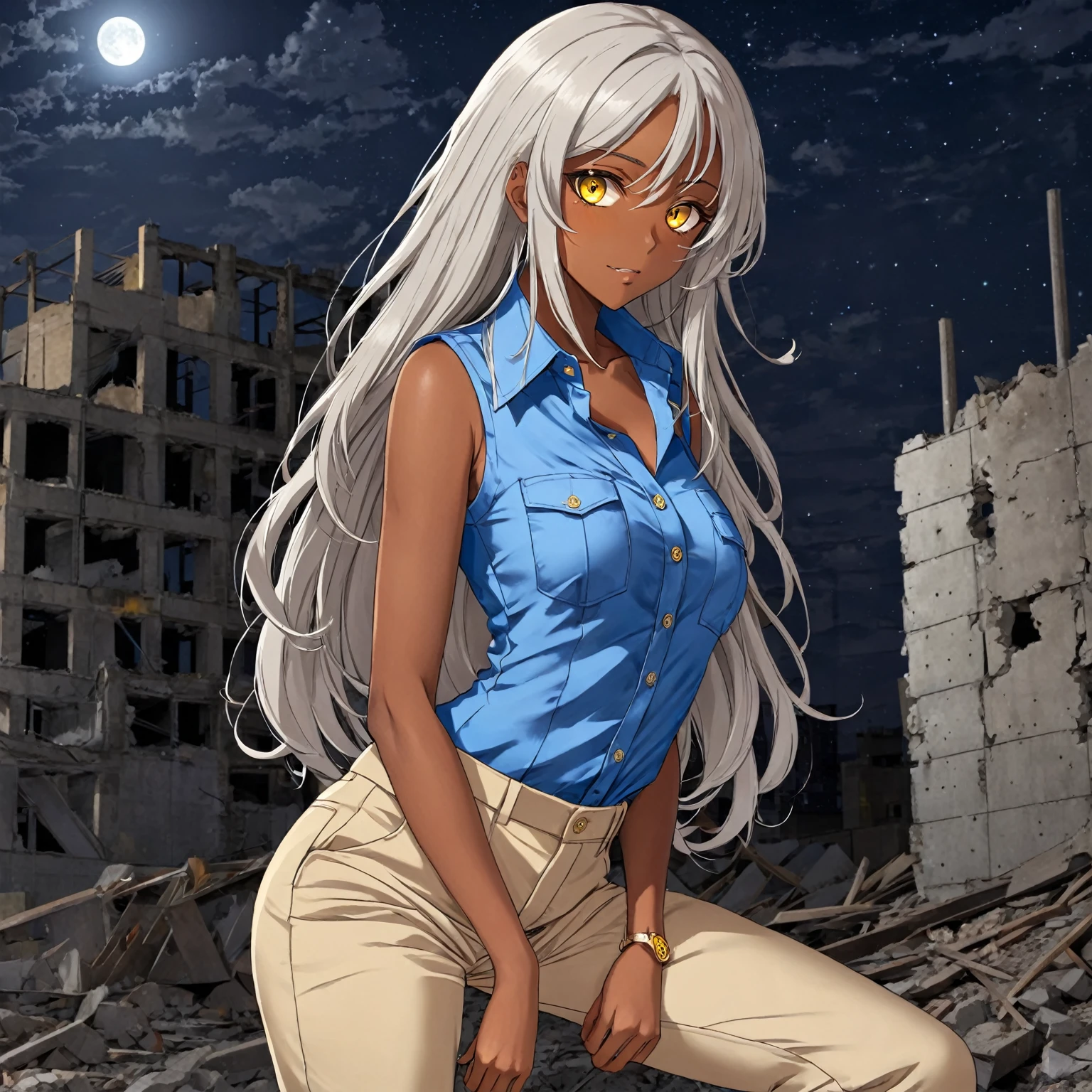 Brown skin beautiful sexy anime girl with long silver hair & yellow eyes, jack-o pose, wearing blue sleeveless button up collared shirt & beige khaki pants, in a abandoned urban construction site at night time, 1girl