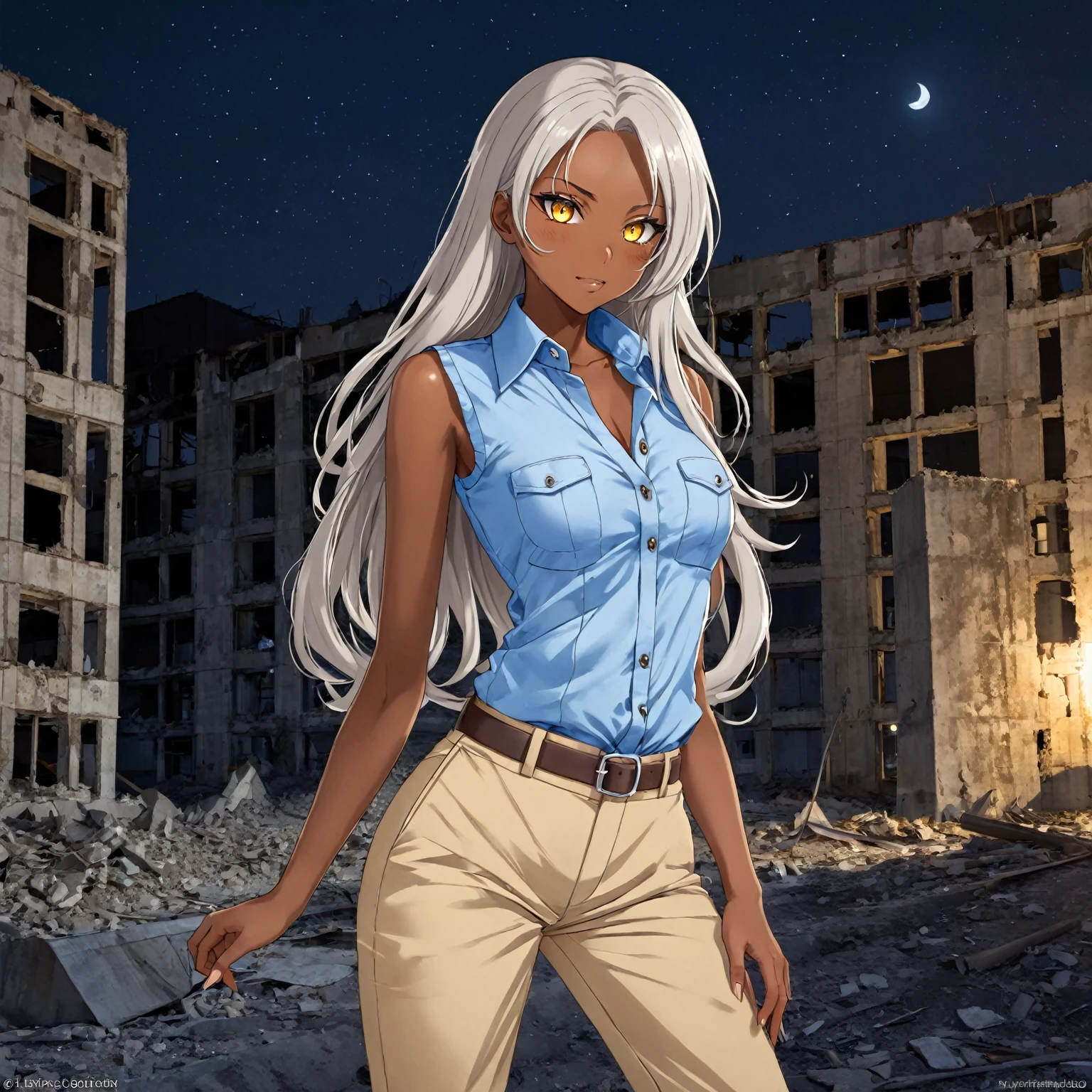 Brown skin beautiful sexy anime girl with long silver hair & yellow eyes, jack-o pose, wearing blue sleeveless button up collared shirt & beige khaki pants, in a abandoned urban construction site at night time, 1girl