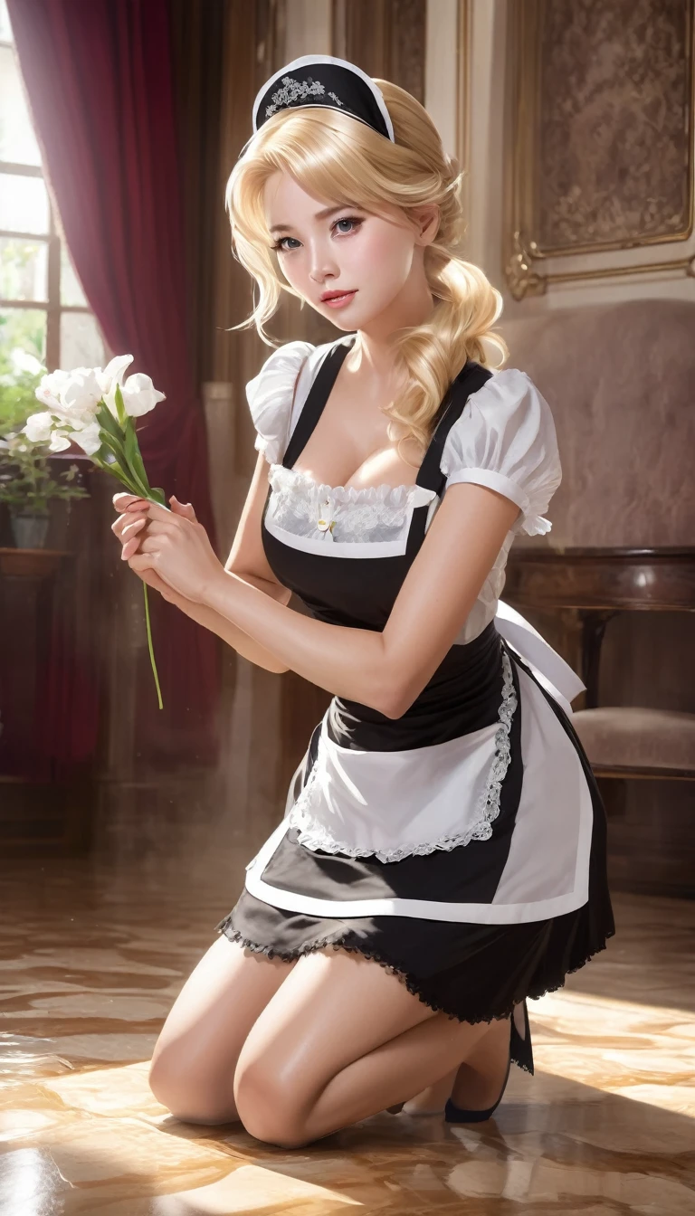 a blonde woman maid kneeling on the floor, captivating-perfect eyes, uncovered torso, big prominently rounded and fuller giant bust, small waist, wide hips, perfect legs, short transparent skirt, cleaning the floor with hands, (with an arched back in a bent-over position:1.4),a dynamic lighting hyperdetailed intricately detailed