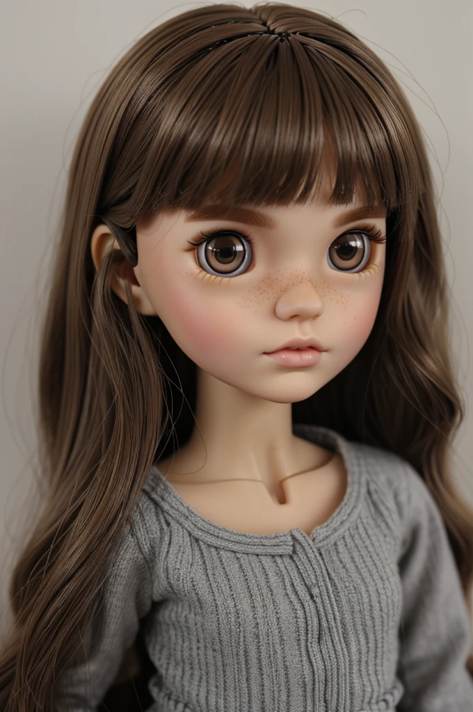 make a blythe doll with light brown hair, light brown eyes, and square gray lenses