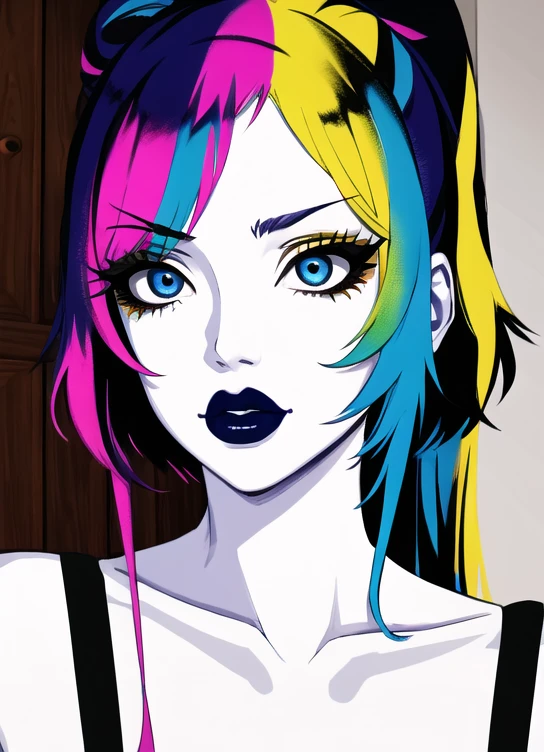 1girl, Holo-Punk Style, goth, masterpiece, best quality, indoors, mascara, lips, eyeliner, pale skin, rainbow hair