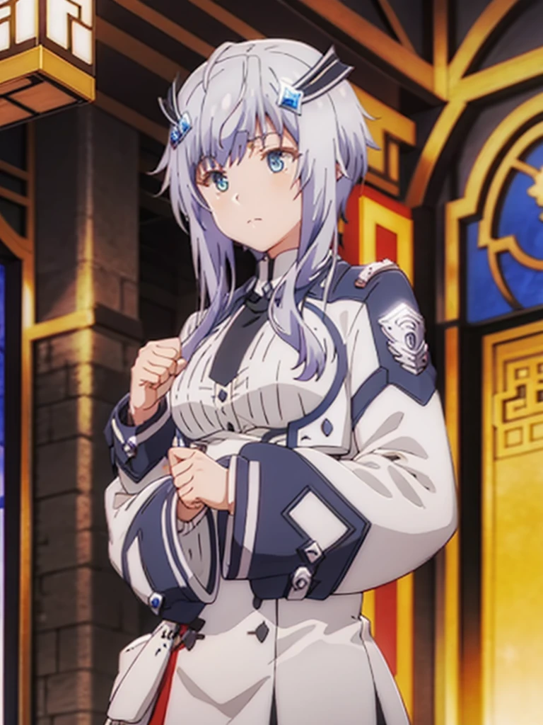 short hair with long locks, solo, Chinese clothes, gray hair, gray thighs, hair decoration, faint smile, cute pose, finger heart, yo, china, upper body, fighting pose,, blue eyes, long sleeves, score_9, score_8_up, score_7_up, score_6_up, source_anime, Shanghai street, cinematic lighting,