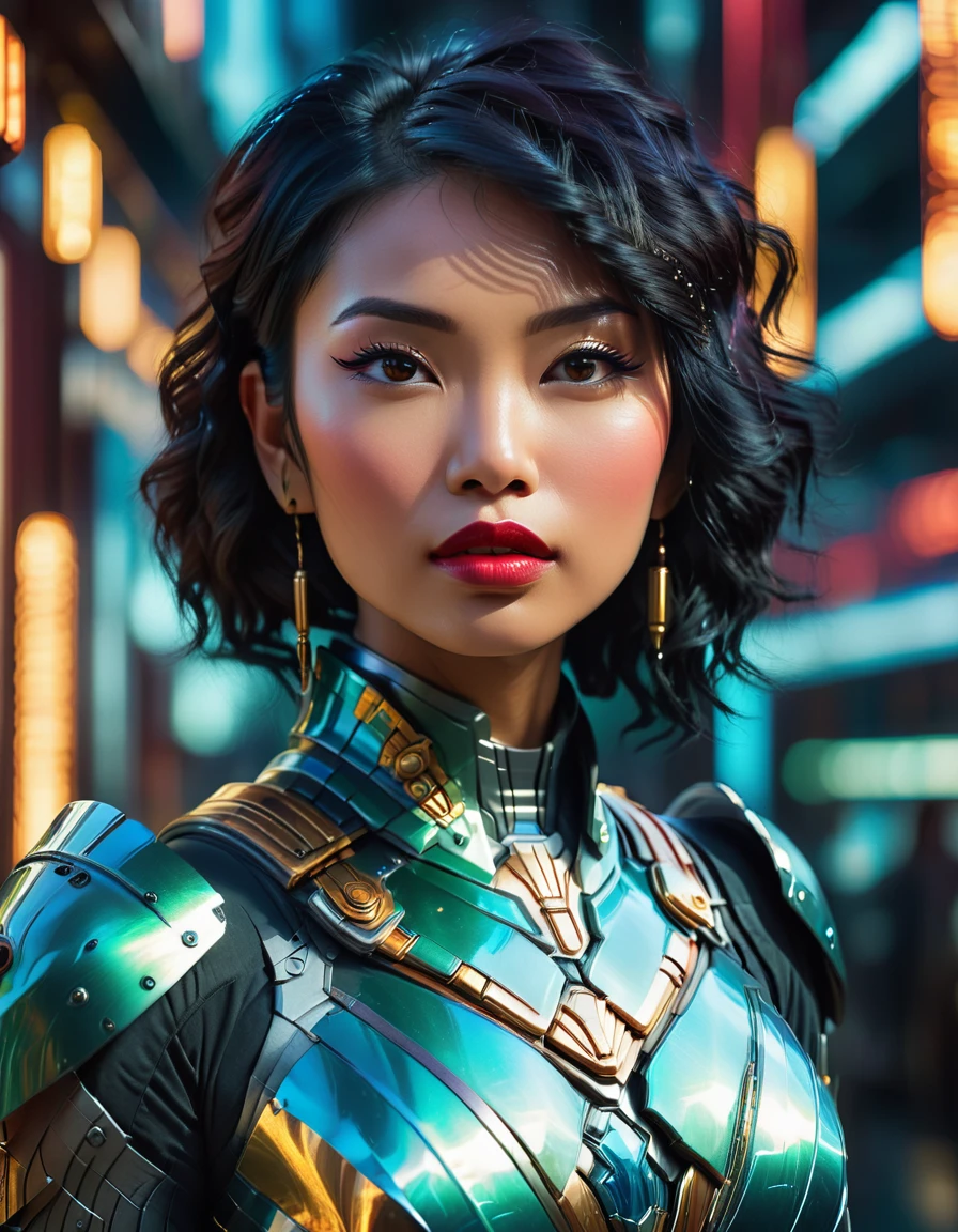 stunning beautiful asian woman, sci-fi futuristic art deco armor, intricate detailed armor, hyper detailed face, piercing eyes, lush lips, glowing skin, dynamic pose, dramatic lighting, moody atmosphere, cinematic composition, vibrant colors, photorealistic, 8k, award winning digital art