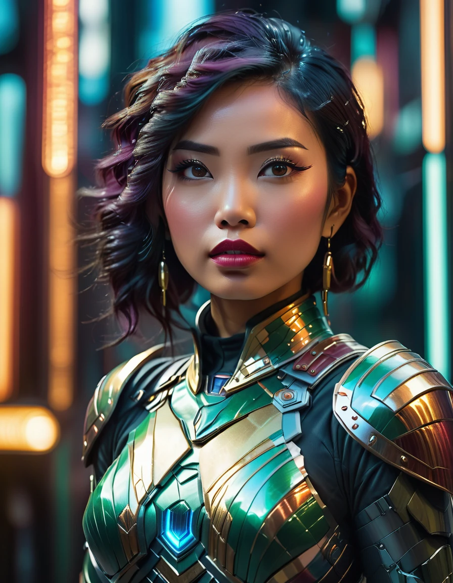 stunning beautiful asian woman, sci-fi futuristic art deco armor, intricate detailed armor, hyper detailed face, piercing eyes, lush lips, glowing skin, dynamic pose, dramatic lighting, moody atmosphere, cinematic composition, vibrant colors, photorealistic, 8k, award winning digital art