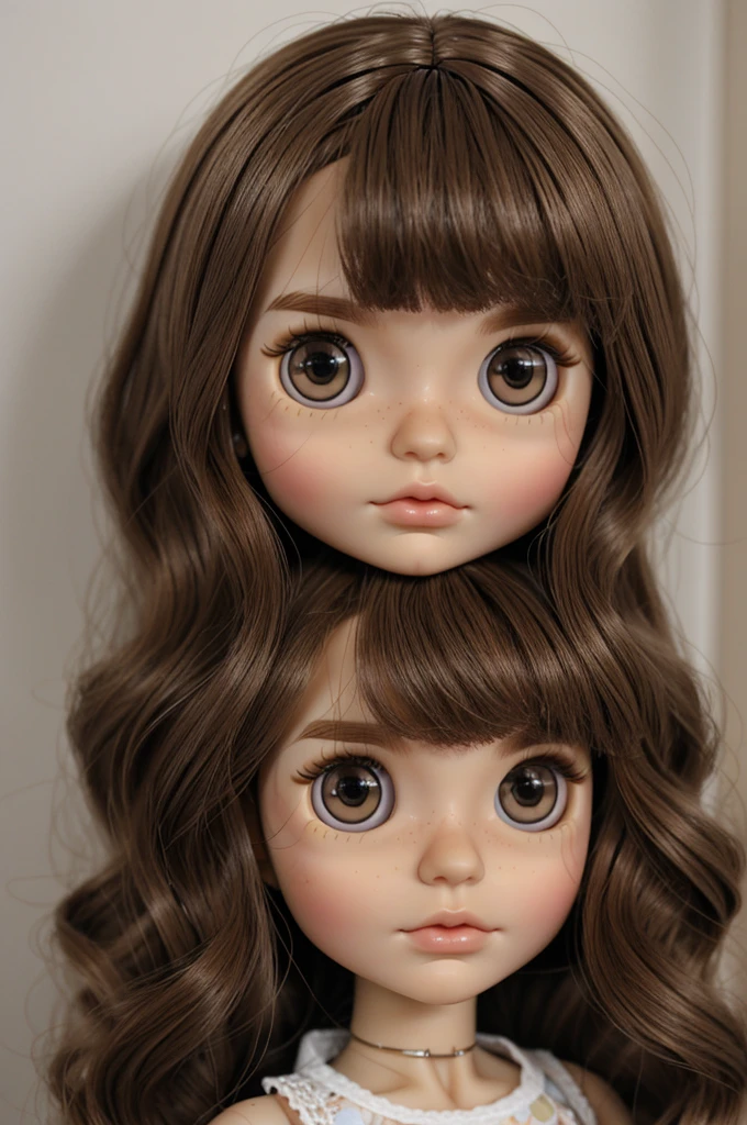 make a blythe doll with light brown hair, light brown eyes, and square gray lenses