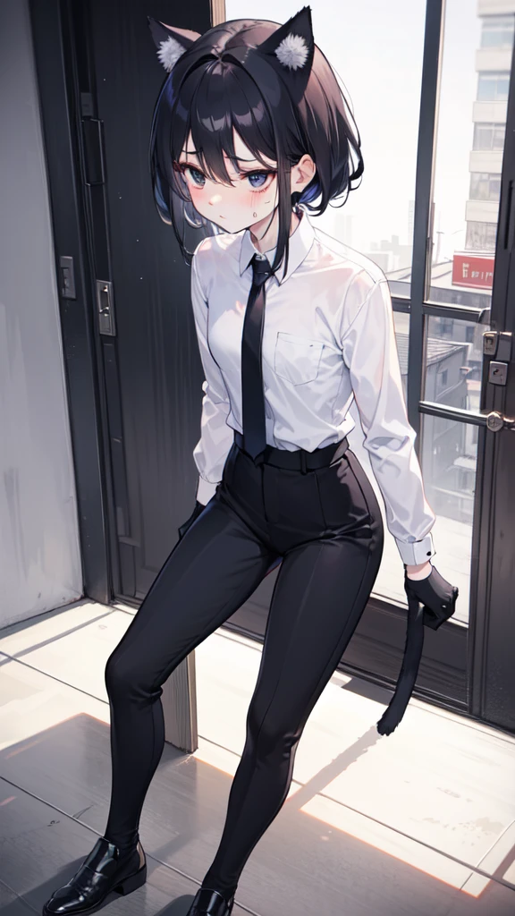 18-year-old Shota，cute，Wear a white long-sleeved shirt and a black work tie，Wear black pants，Wear black booties，Wear white gloves，wear cat ear，Black hair，Black eyes，Very thin waist，Very thin legs，Handsome，Disdainful and cold expression，shy，blush，Sweating，porn，Is giving sexual assault，Glove removal action