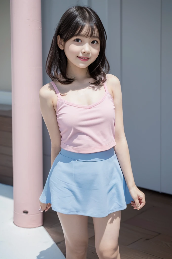 (8K),(best quality:1.5),(high resolution:1.5),  model,  idol, (Head to knee photo), (standing), (infantile build), ((1girl, 8 years old)), (black hair), ((pink camisole)), ((light blue mini skirt)), (smile)