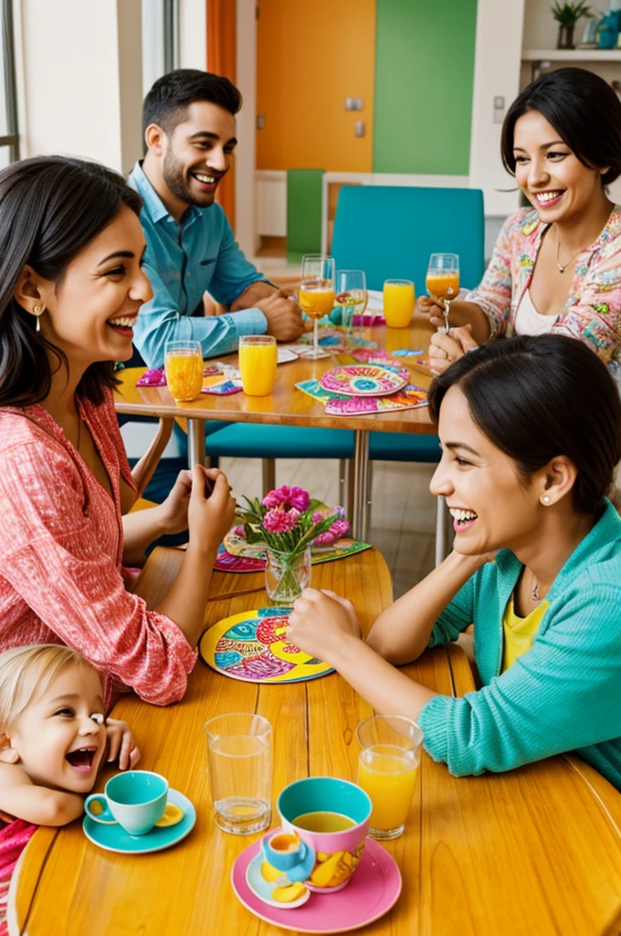 Imagine a smiling family gathered around a table, Each member holds a glass decorated with bright colors and cheerful designs. They are chatting animatedly and enjoying their time together.