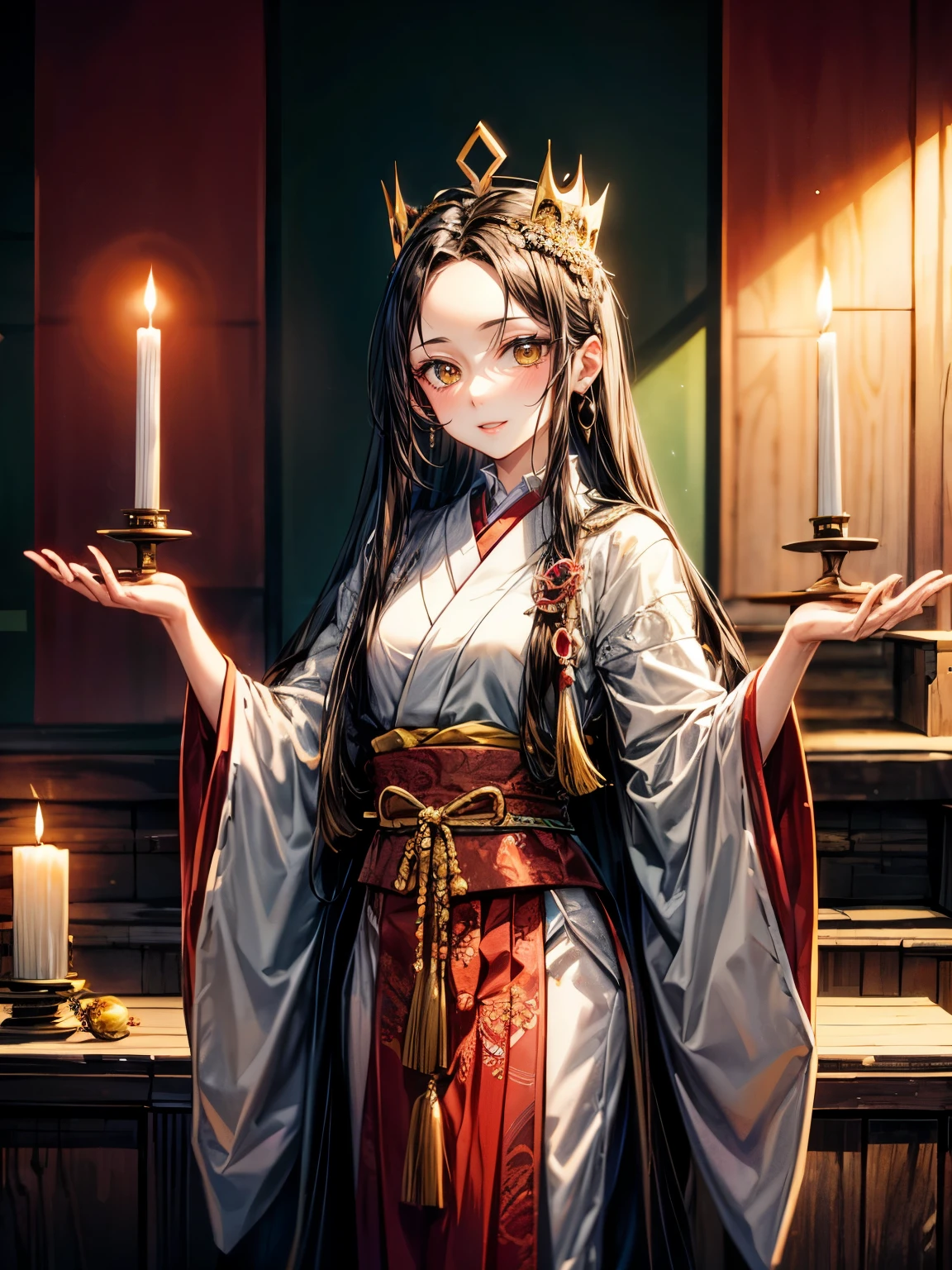 Himiko, ancient Japan, queen, shaman,((Forehead hai)),,long black hair, deep brown eyes, sumptuous attire, crown, sacred altar,regal expression,Stand up,Smile,yellow eyes