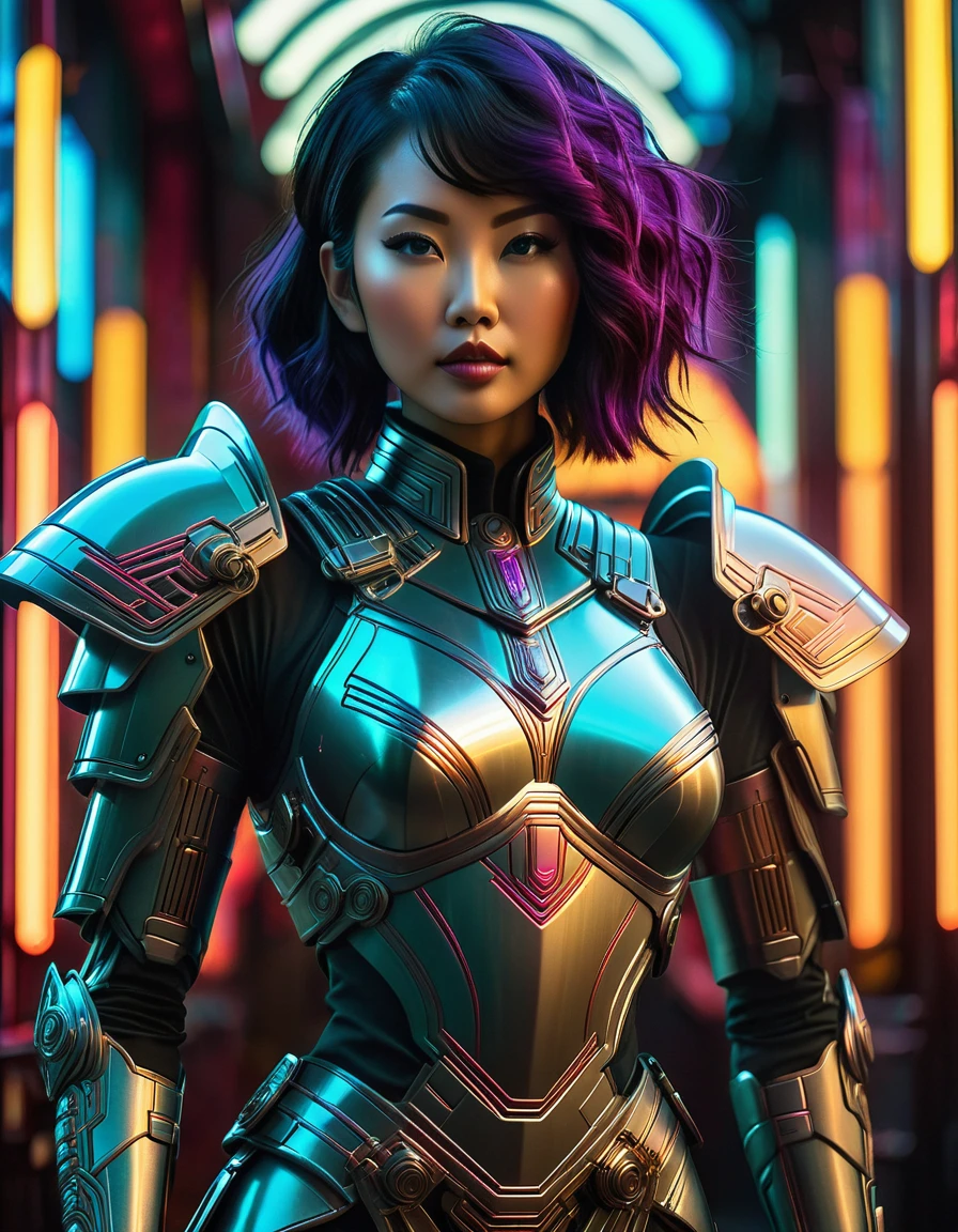 A beautiful, busty Asian woman in a futuristic, art deco-inspired armor, intricate and detailed cyberpunk armor, glowing neon highlights, dramatic lighting, cinematic composition, hyper-detailed, highly realistic, 8K, photorealistic, masterpiece