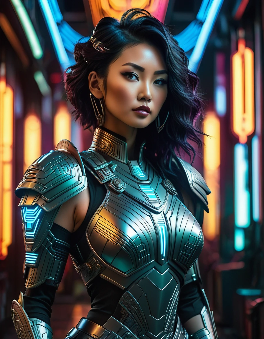 A beautiful, busty Asian woman in a futuristic, art deco-inspired armor, intricate and detailed cyberpunk armor, glowing neon highlights, dramatic lighting, cinematic composition, hyper-detailed, highly realistic, 8K, photorealistic, masterpiece